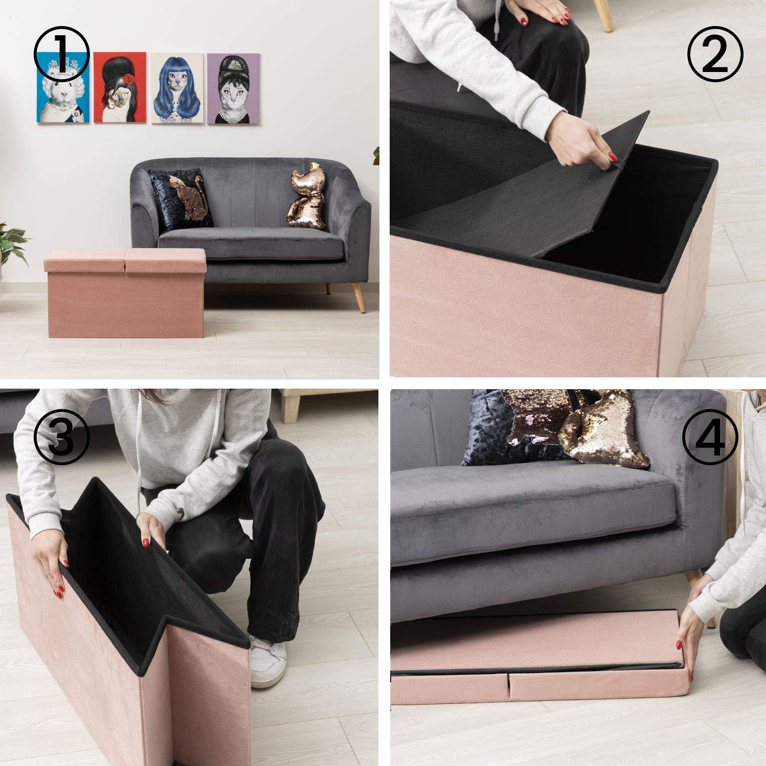Baroni Home Pouf Contenitore Pieghevole Velluto Rosa Cipria 76x38x38 cm