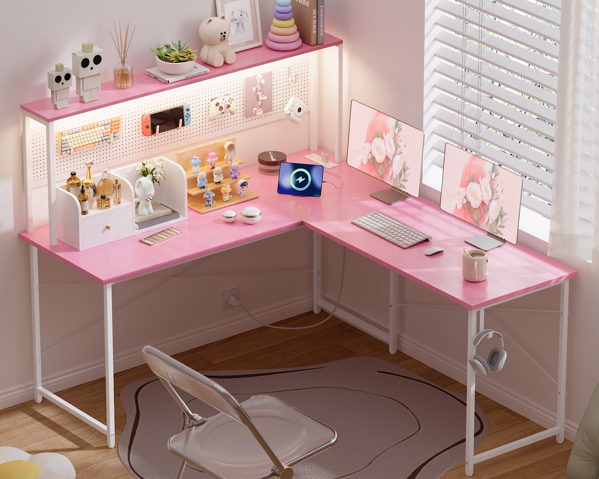 Pamray 60 Pollici Scrivania Angolare Gaming con LED Marrone