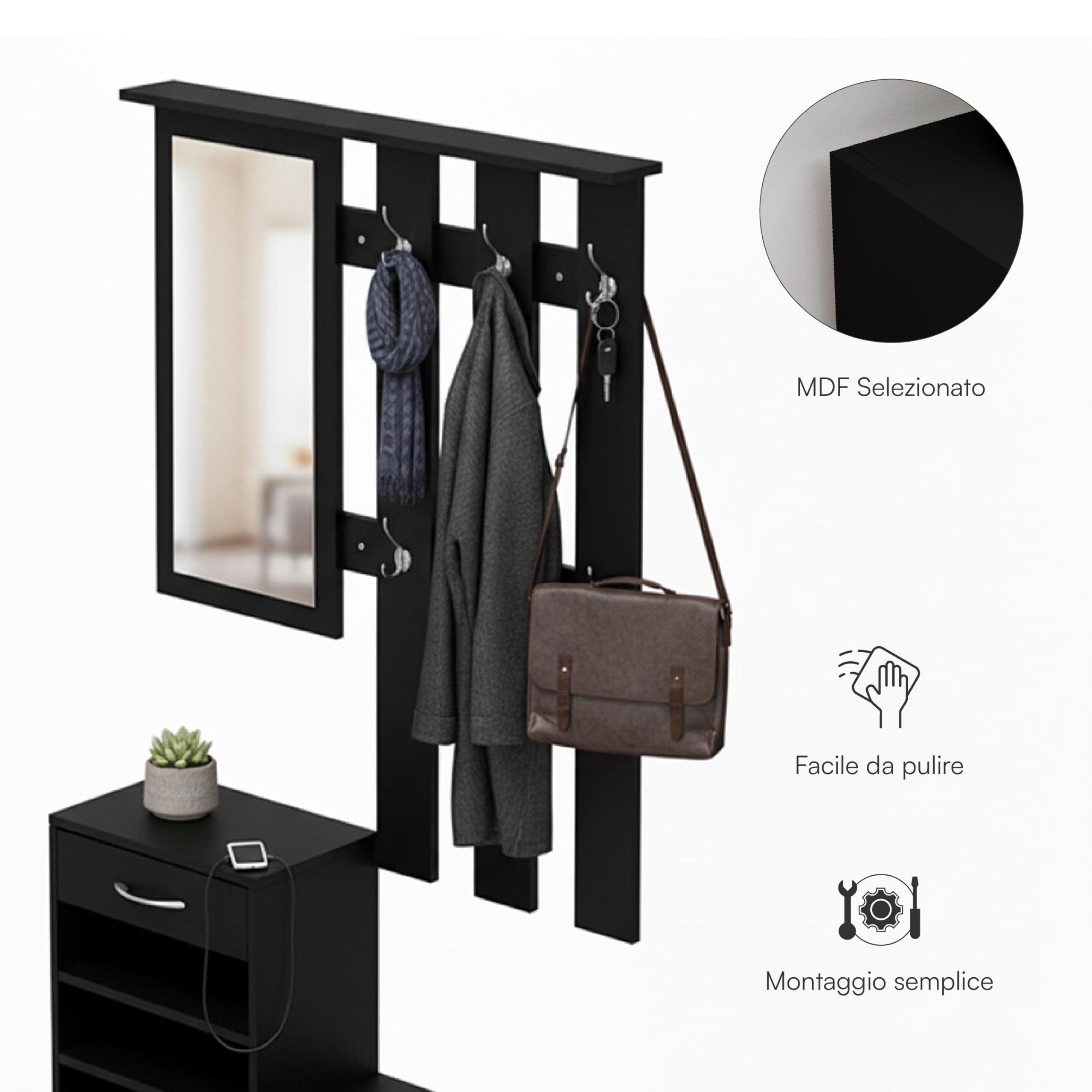 Baroni Home Mobile Ingresso 3 Pezzi Scarpiera Nero 6 Ganci