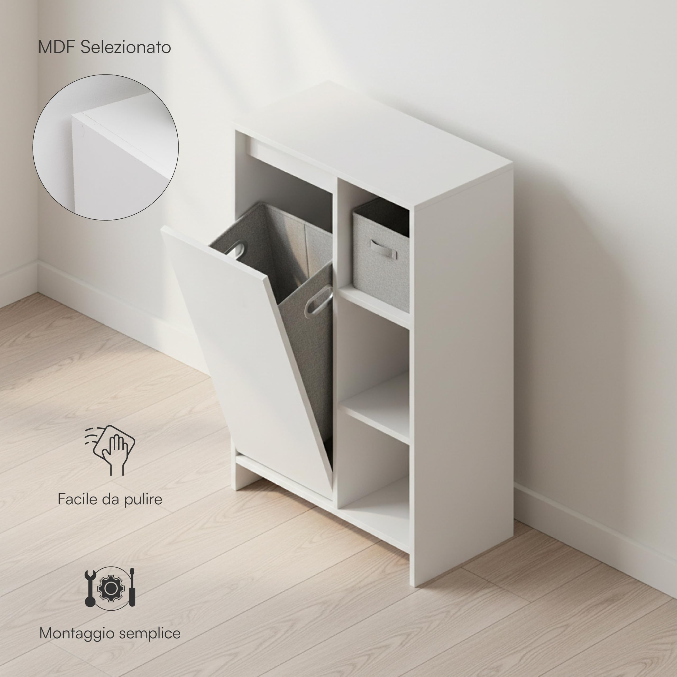 Baroni Home Mobile Portabiancheria Bianco con Cesto 50x30x87 cm