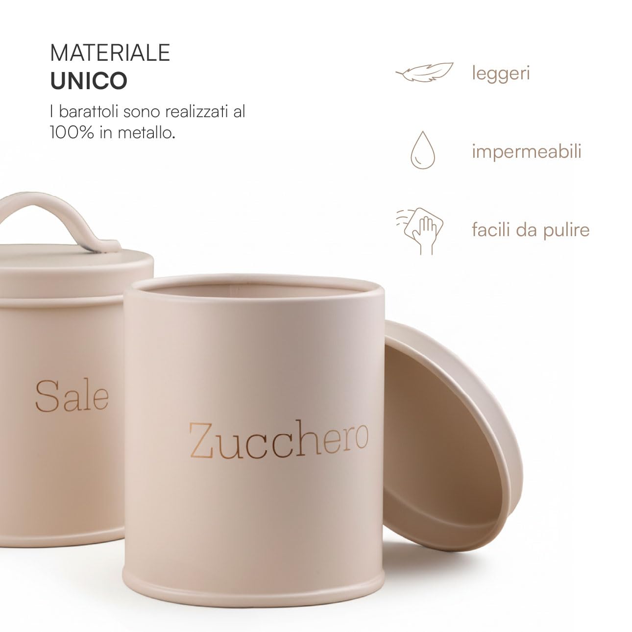 Baroni Home Set 3 Barattoli Cucina Metallo Beige 8x8x9 cm