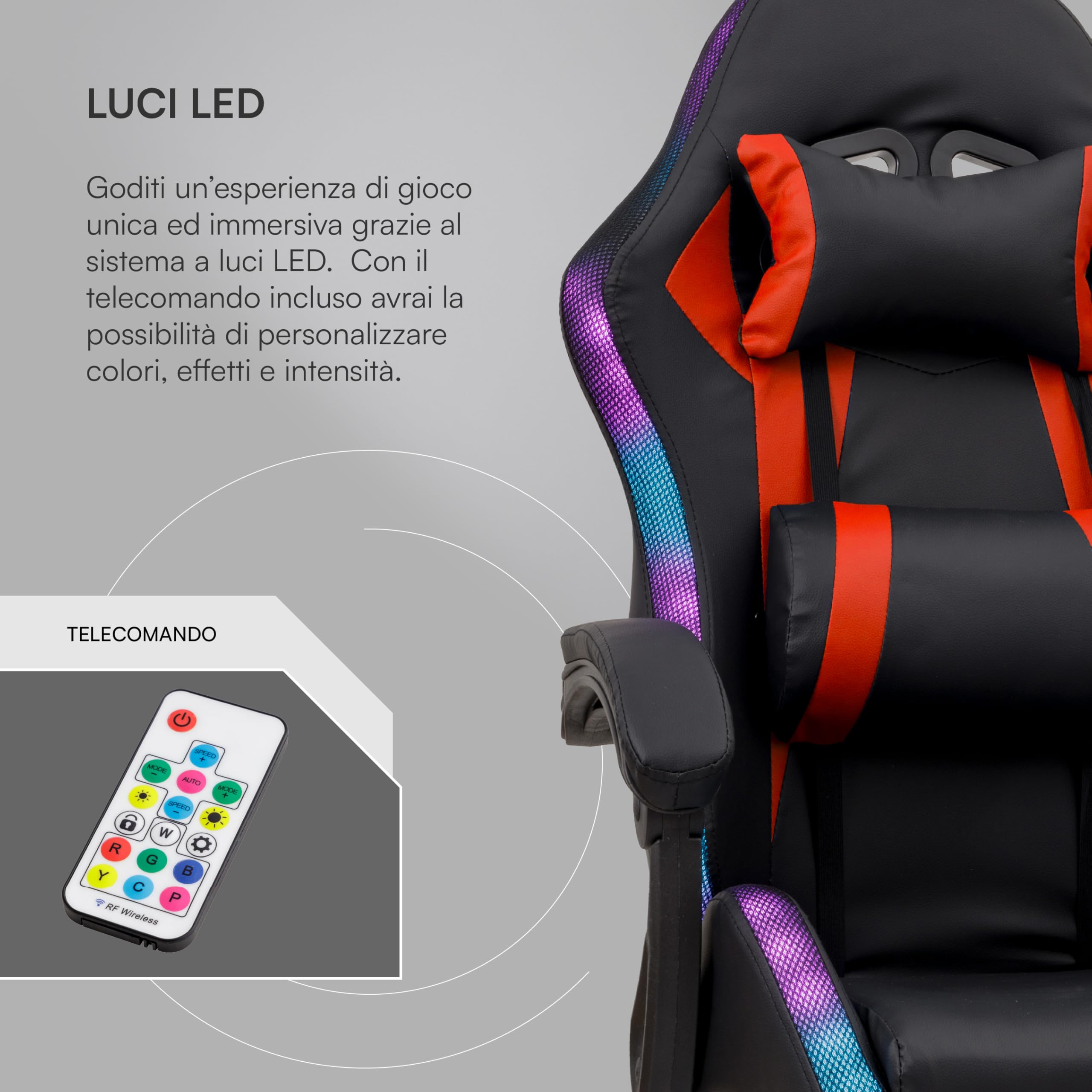 Baroni Home sedia gaming rossa con LED e poggiapiedi