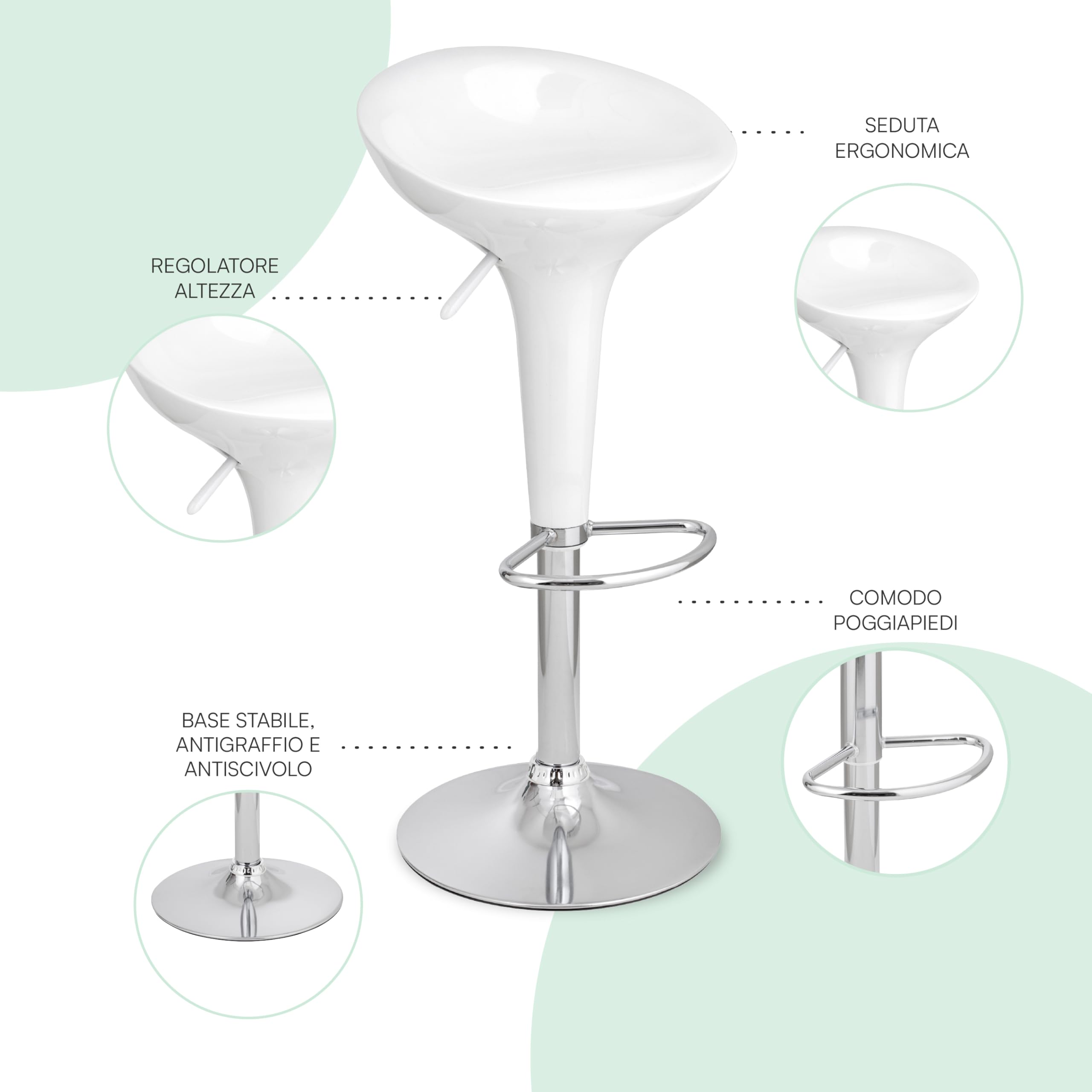 Baroni Home Sgabello Bar Girevole Bianco 2 Pezzi Altezza Regolabile