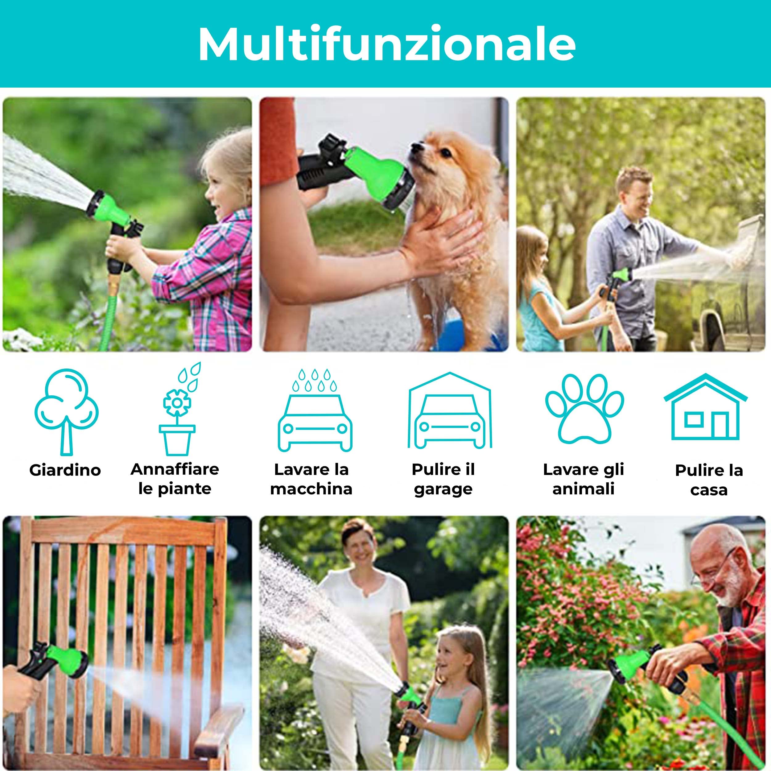 Baroni Home tubo da giardino estensibile 7,5 m con pistola 7 getti
