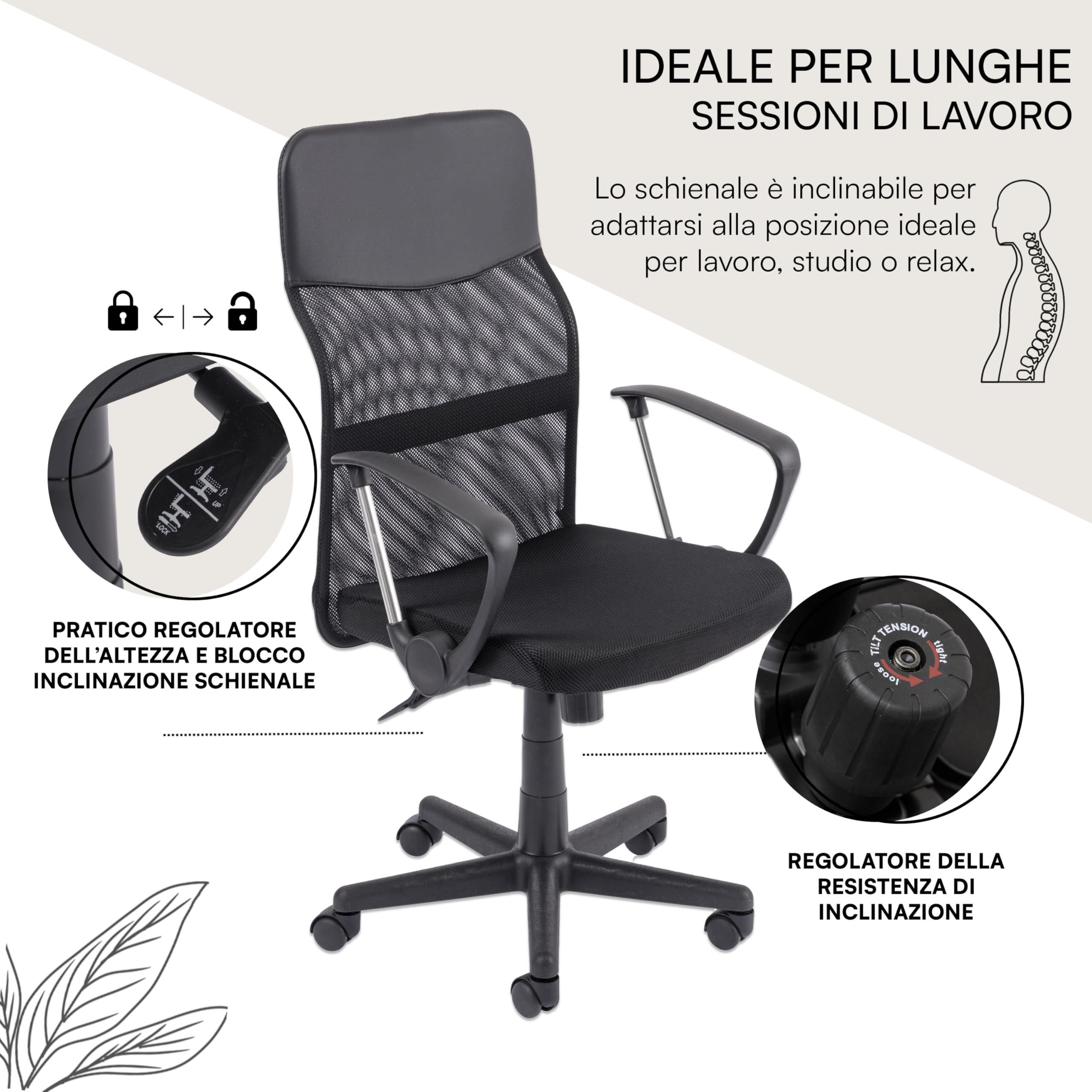 Baroni Home Sedia Ufficio Nera Ecopelle 47x47x109 cm