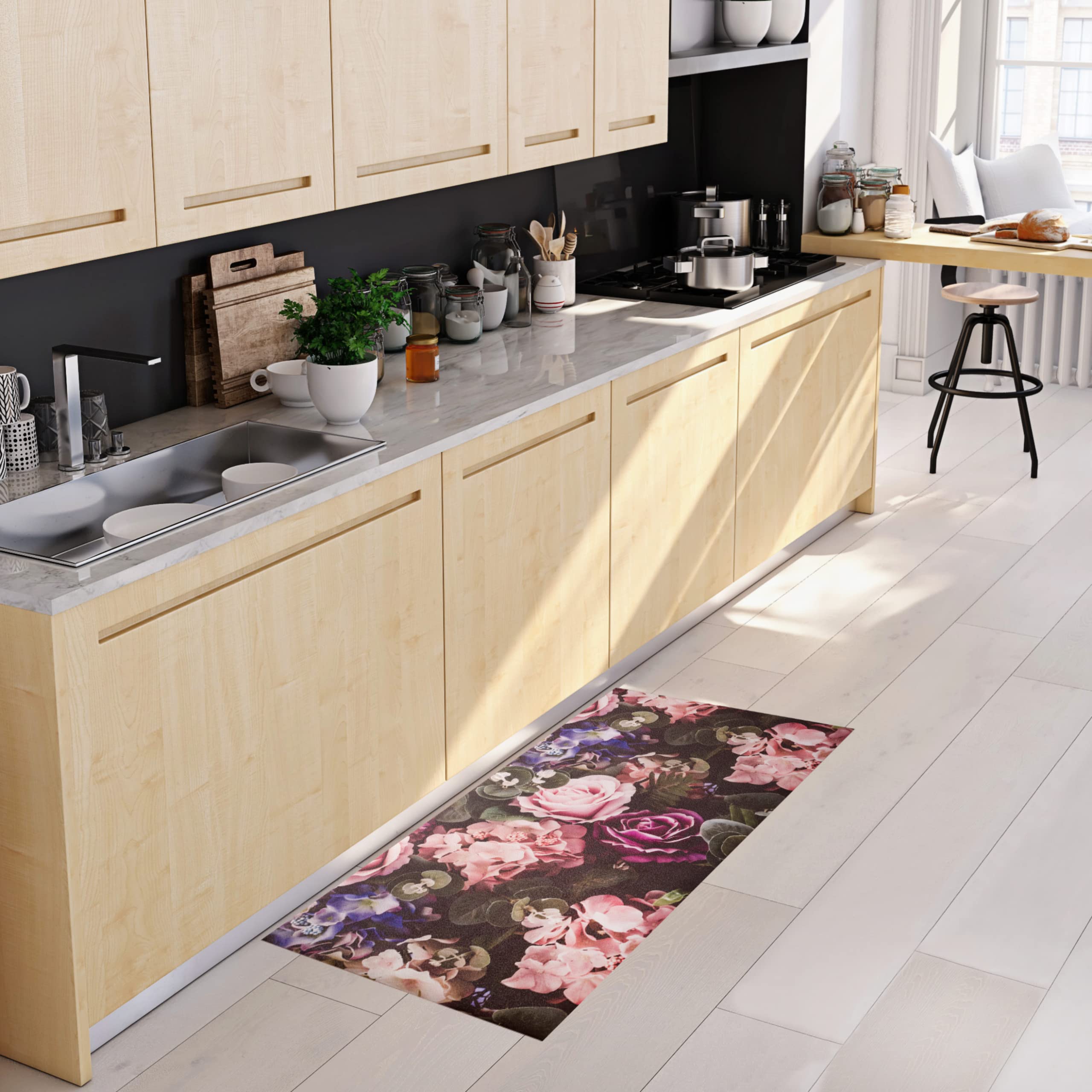 Baroni Home Tappeto PVC 120x60 cm Fiori Rosa Antimacchia