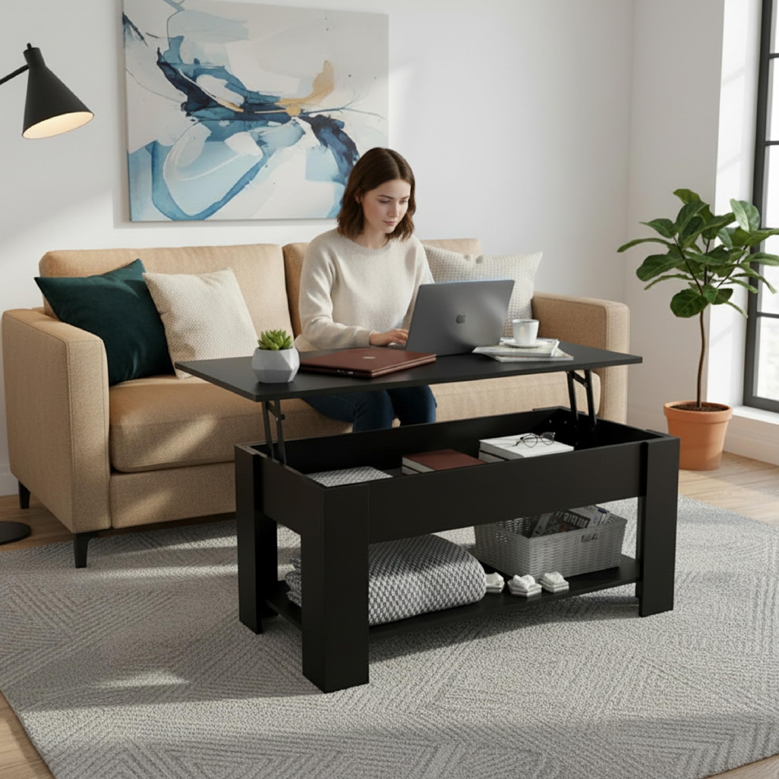 Baroni Home Tavolino da caffè piano sollevabile nero 100 cm