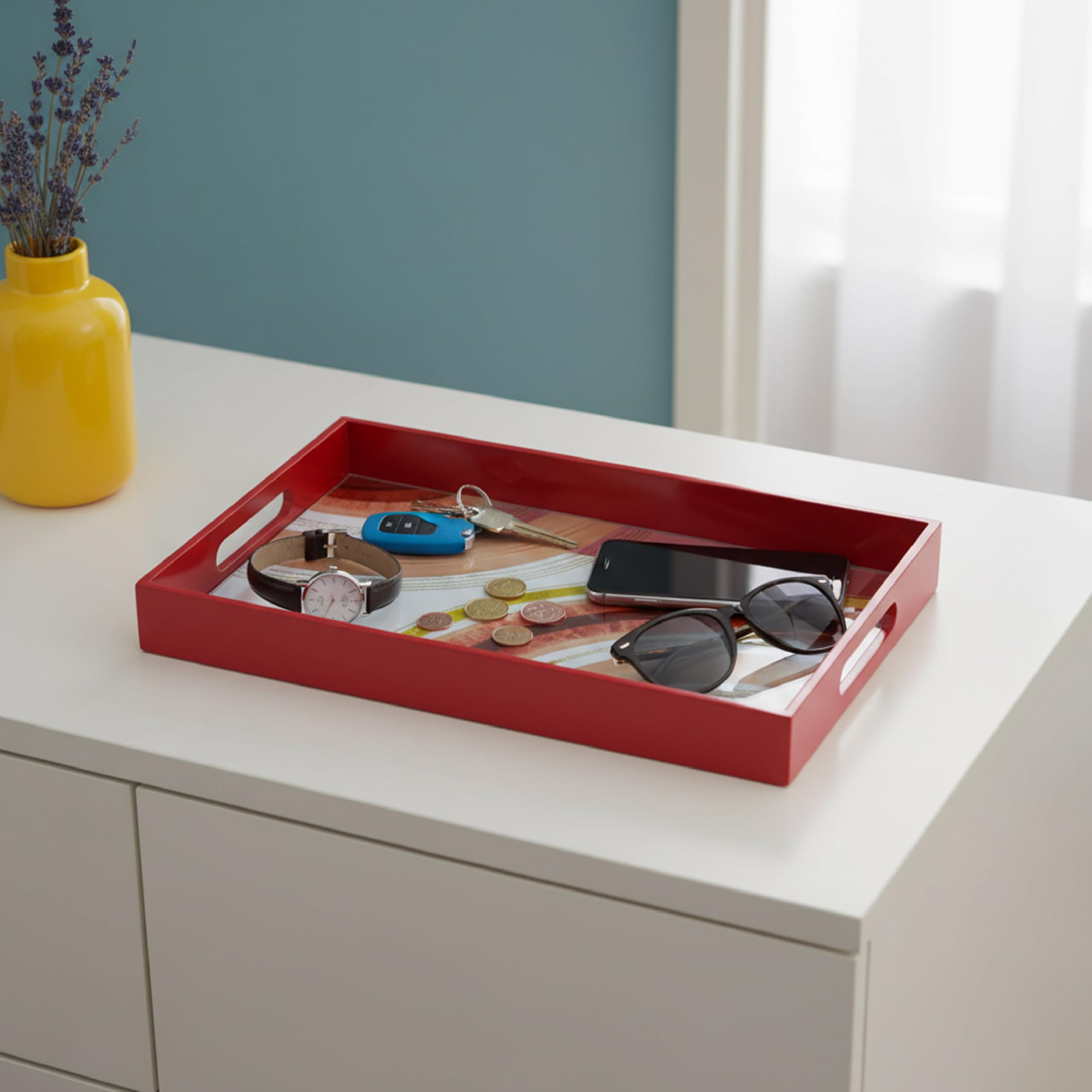 Baroni Home Vassoio Vetro Rettangolare Astratto Rosso 40x24 cm