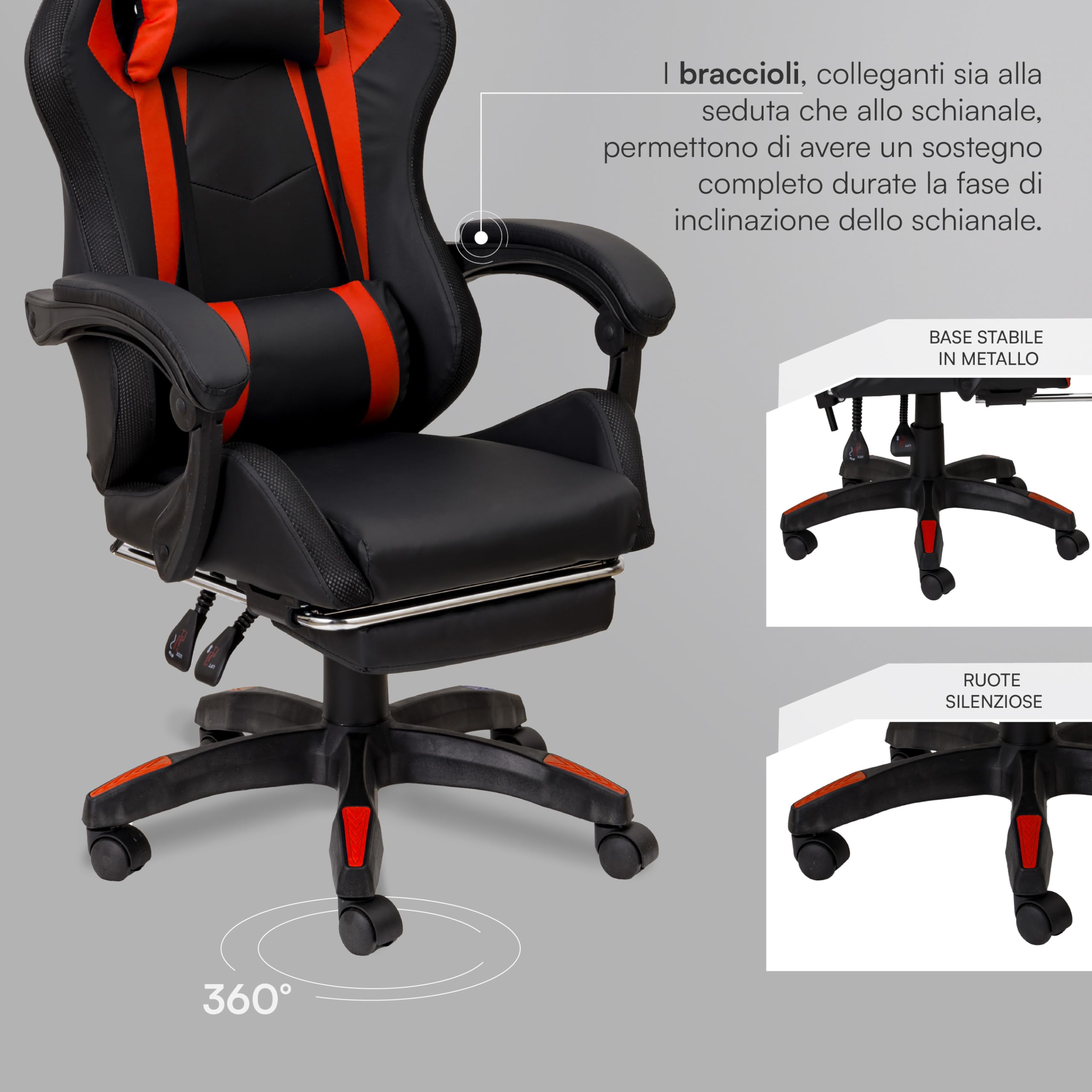 Baroni Home sedia gaming rossa con LED e poggiapiedi