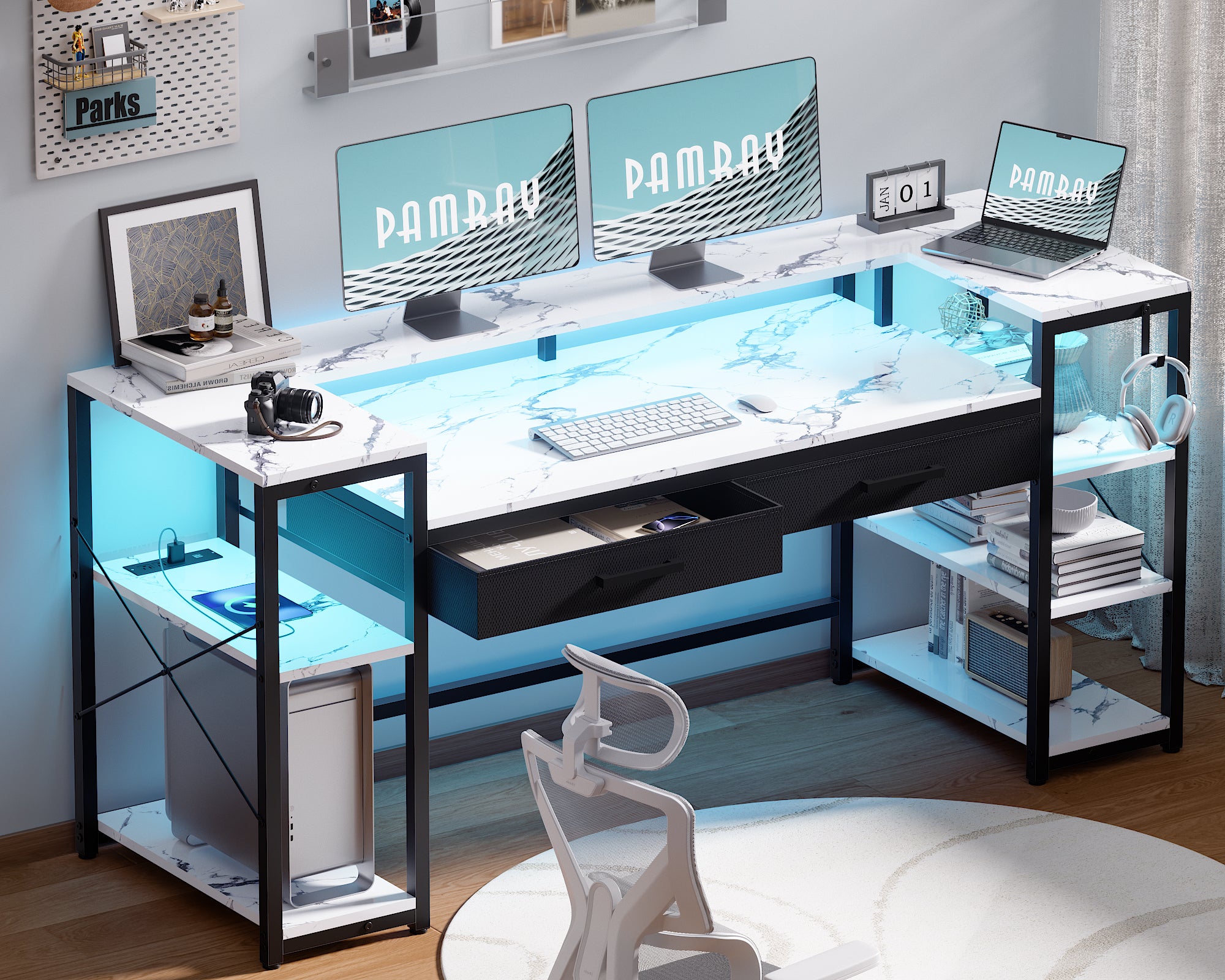 Pamray 58 Pollici Scrivania Gaming Marrone 147 cm con LED