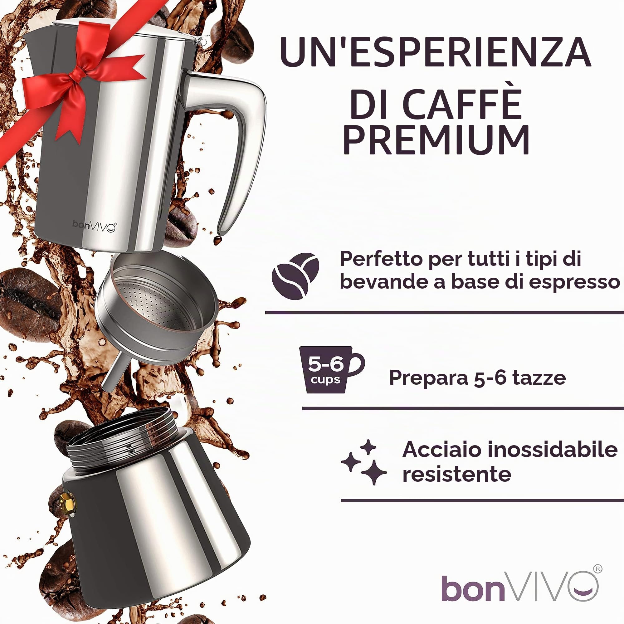 bonVIVO Moka 2 Tazze 100 ml Rame Induzione Acciaio Inox