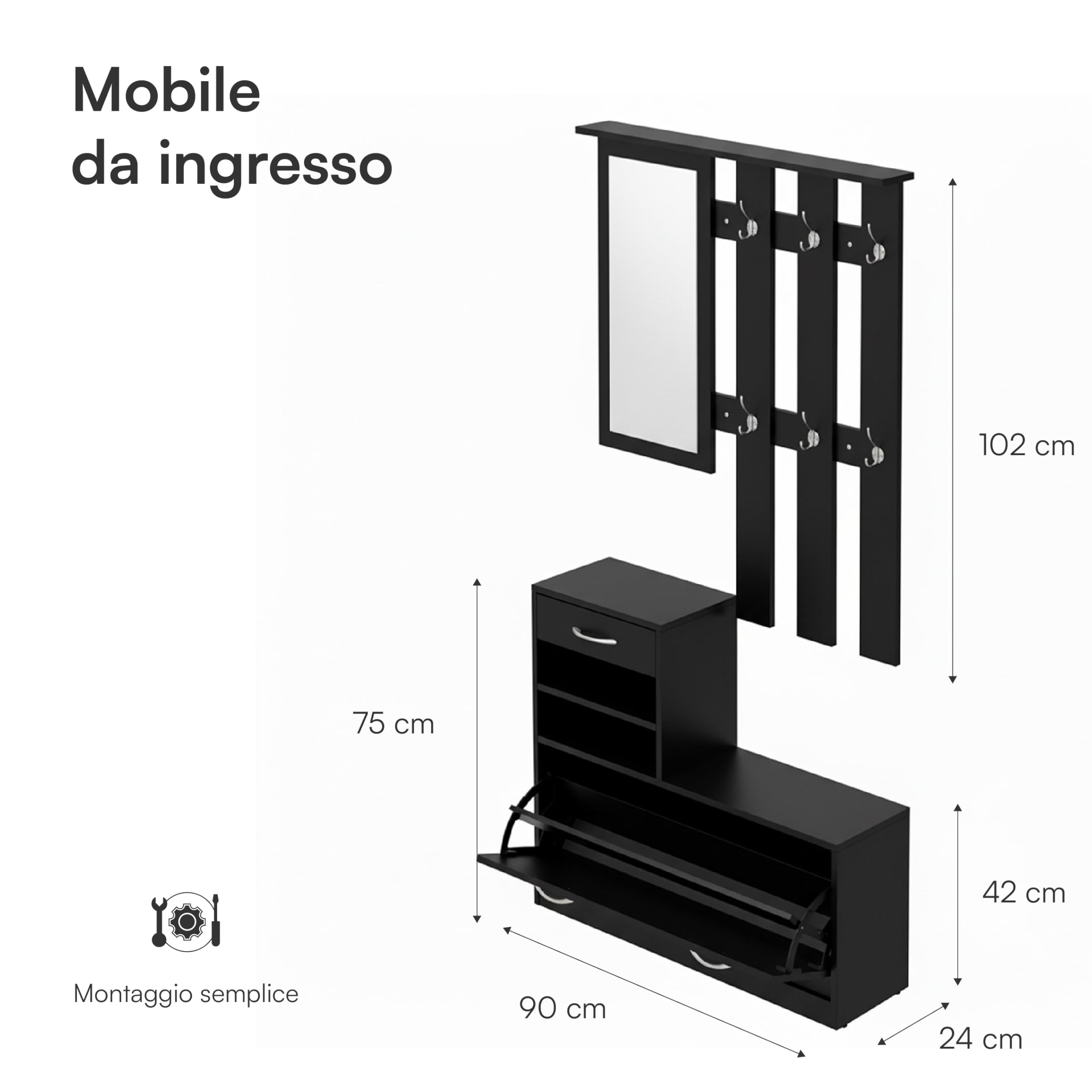 Baroni Home Mobile Ingresso 3 Pezzi Scarpiera Nero 6 Ganci
