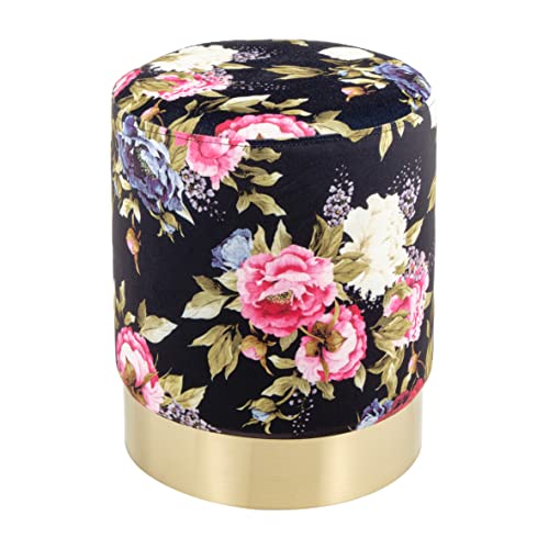 Baroni Home Pouf Cilindrico Velluto Fiori Base Nera