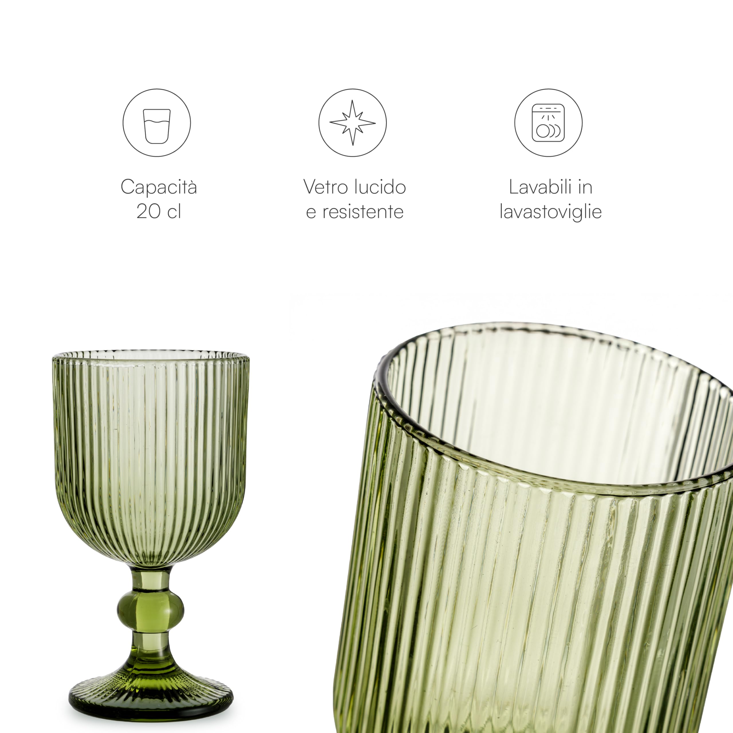 Baroni Home Set 6 Calici Vetro Verde Righe 20 CL