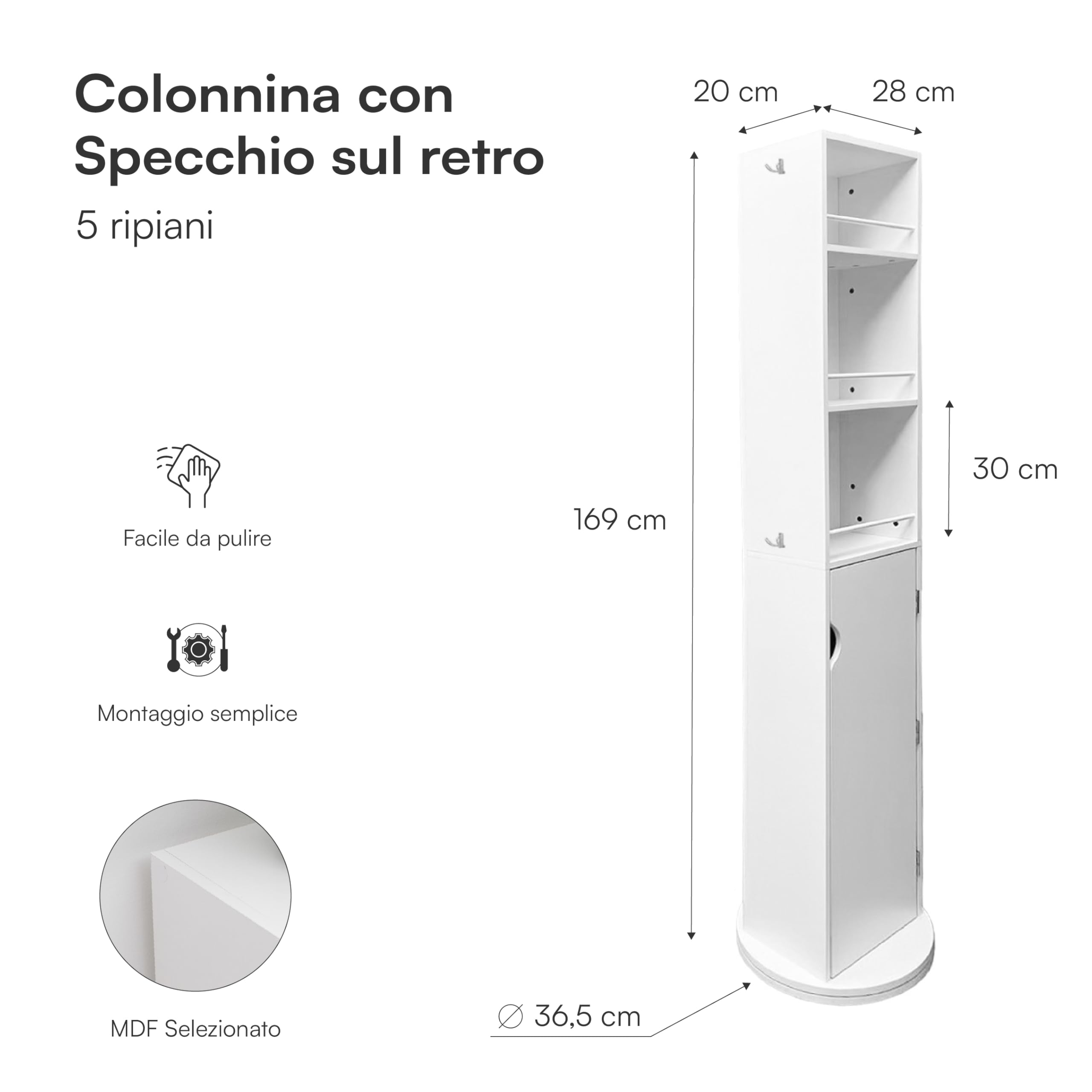 Baroni Home Specchio Girevole Colonnina Mobile Bianco 169 cm
