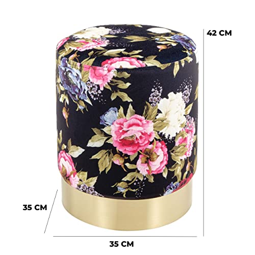 Baroni Home Pouf Cilindrico Velluto Fiori Base Nera