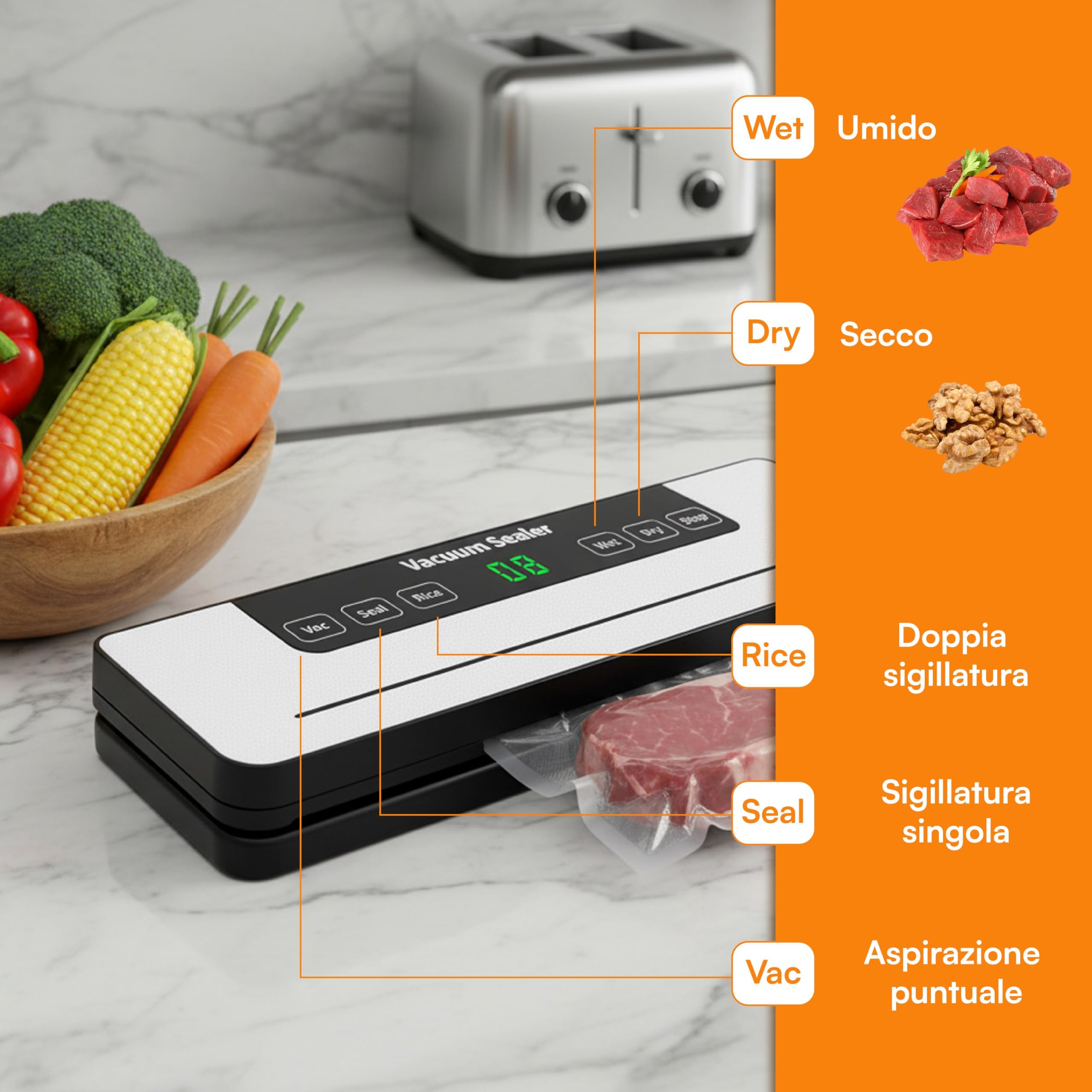 Baroni Home macchina sottovuoto automatica 30 sacchetti LED