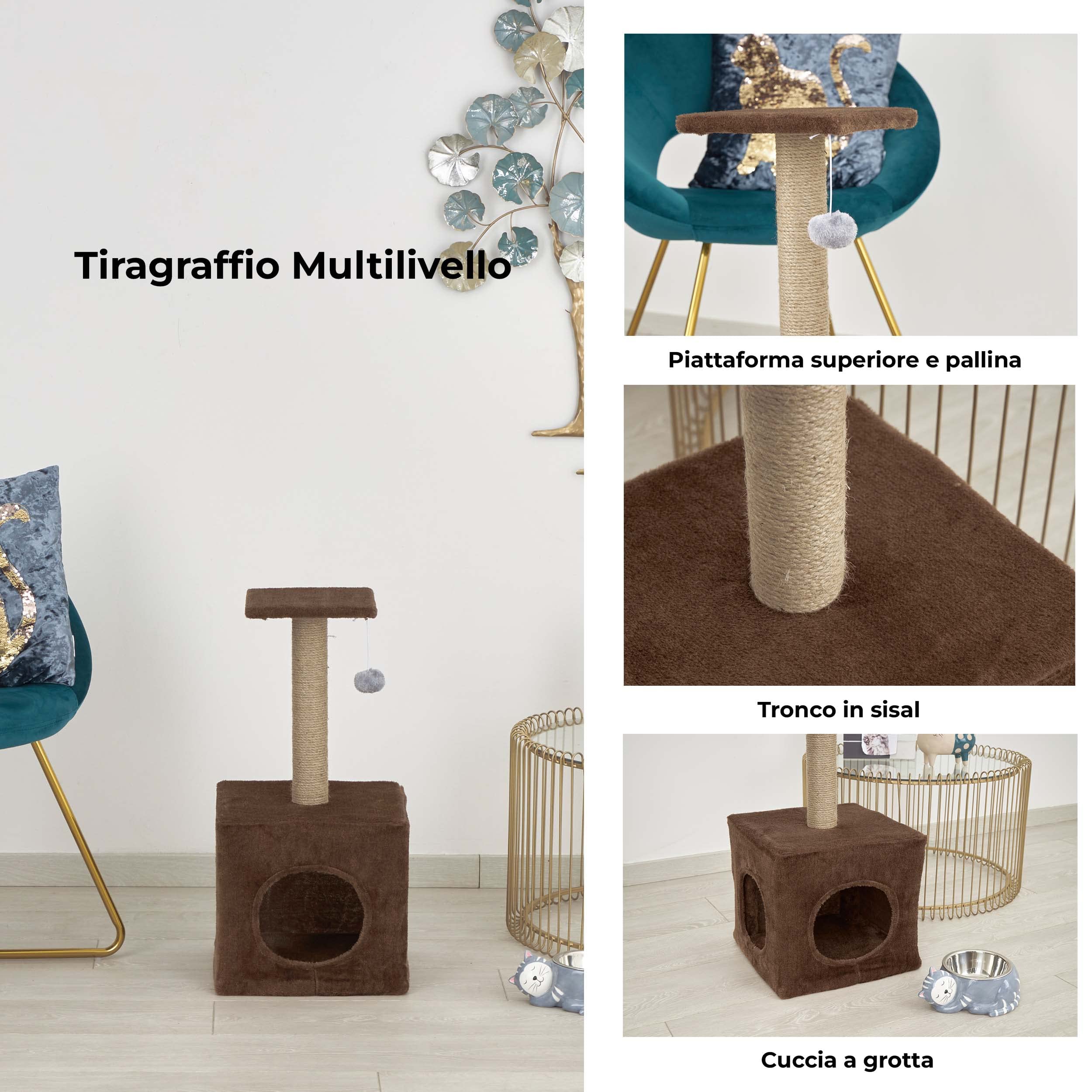 Baroni Home Tiragraffi Gatti 50 cm Marrone con Cuccia