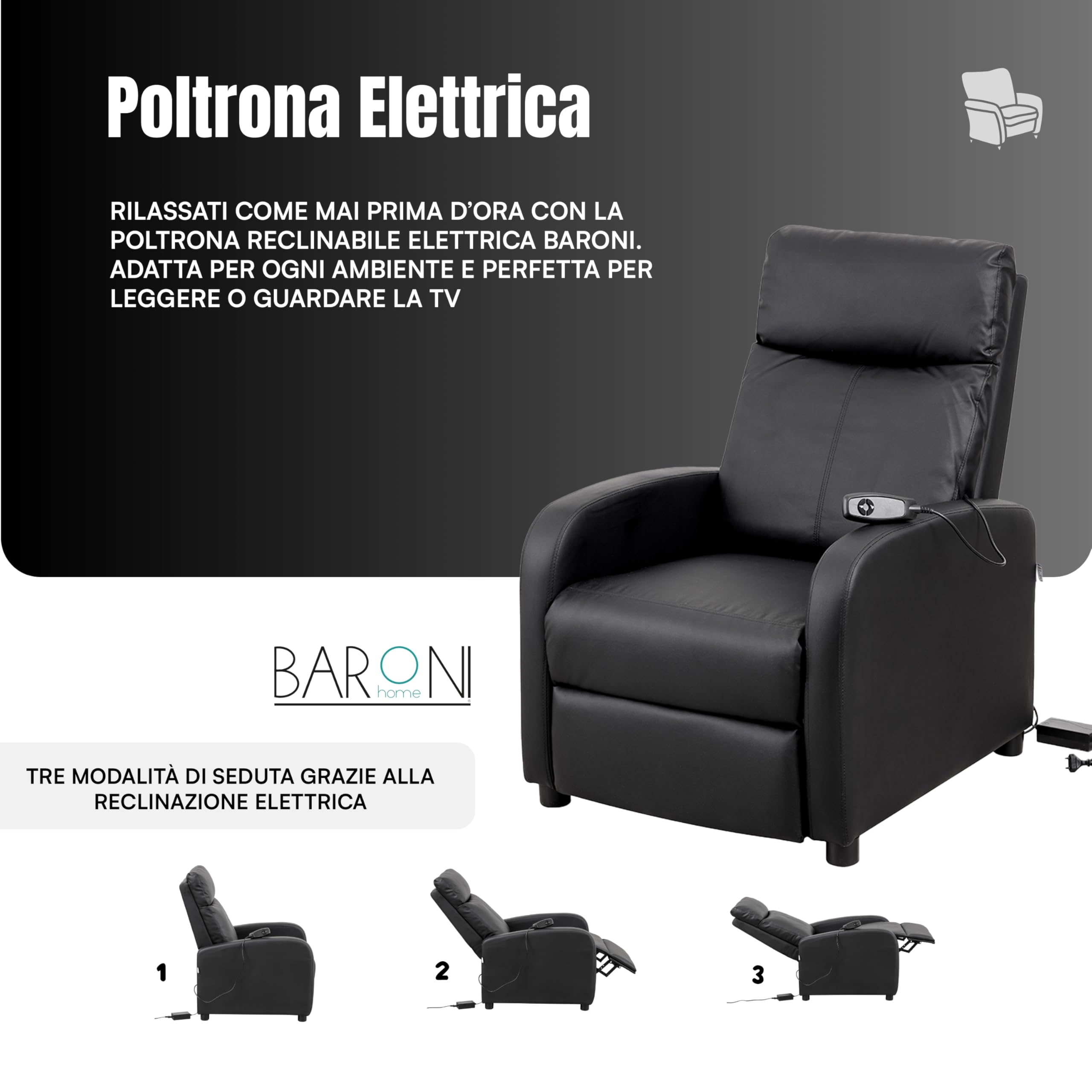 Baroni Home Poltrona Reclinabile Elettrica Nera 66x75x99 cm