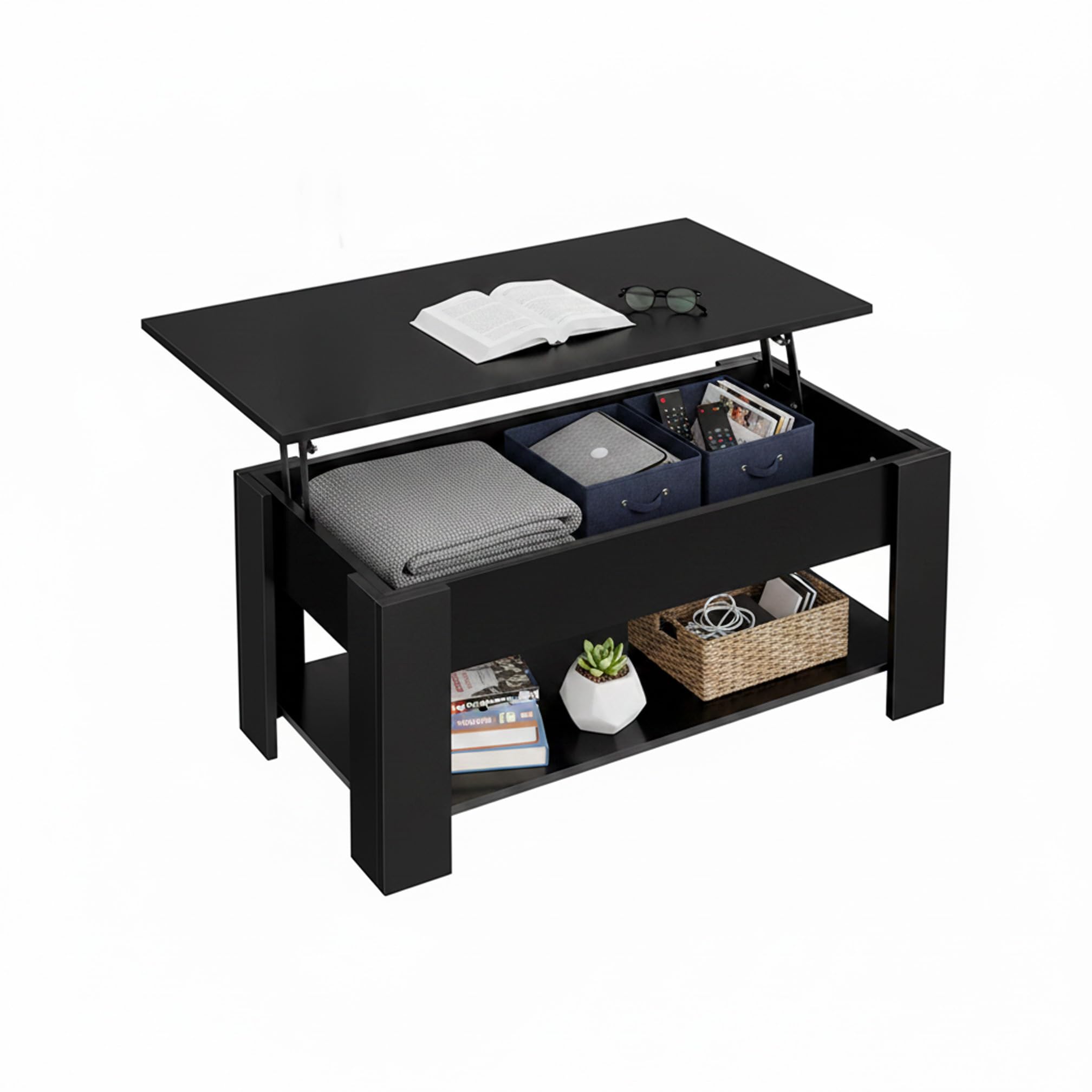 Baroni Home Tavolino da caffè piano sollevabile nero 100 cm
