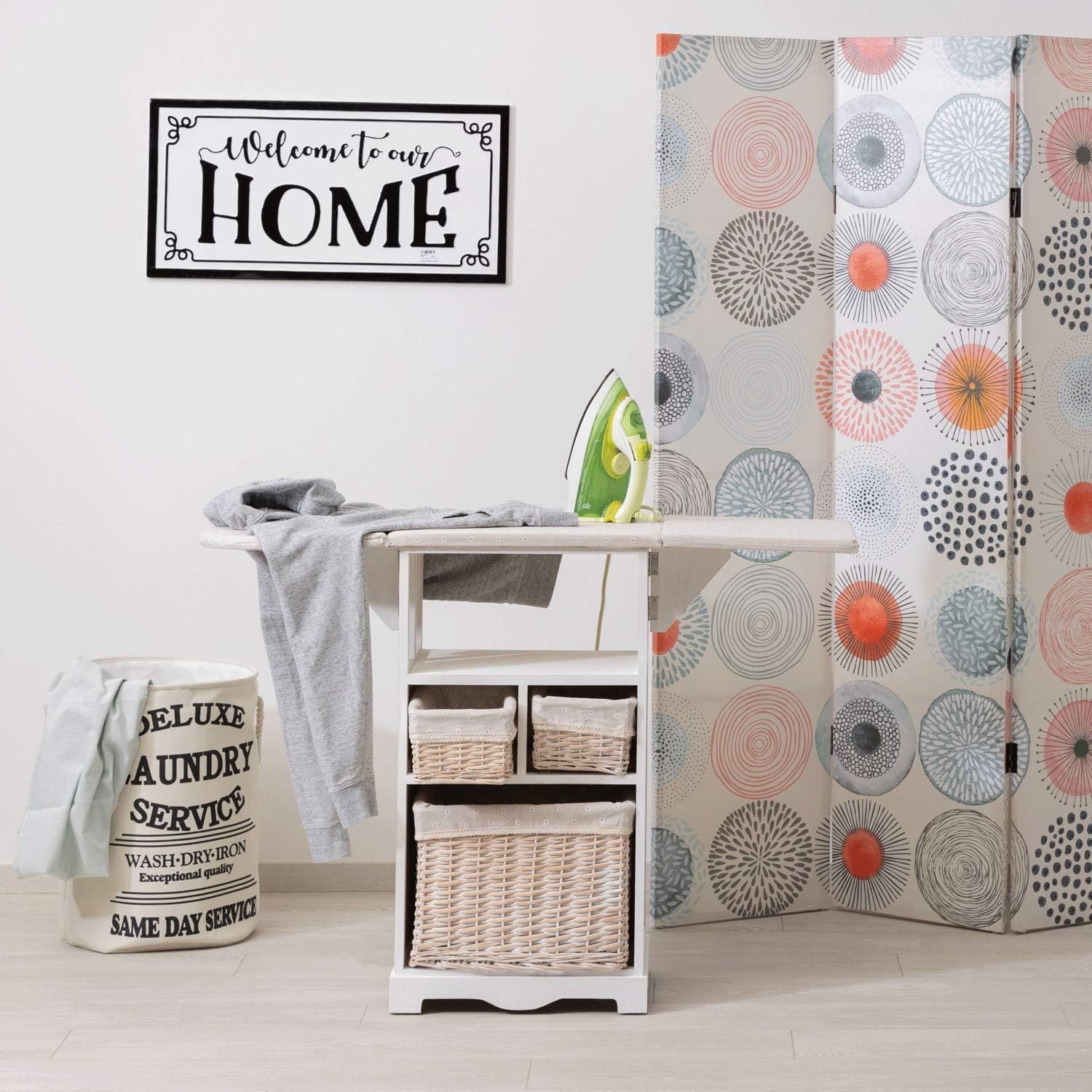 Baroni Home Mobile da Stiro Bianco 3 Cesti 54x36x86 cm