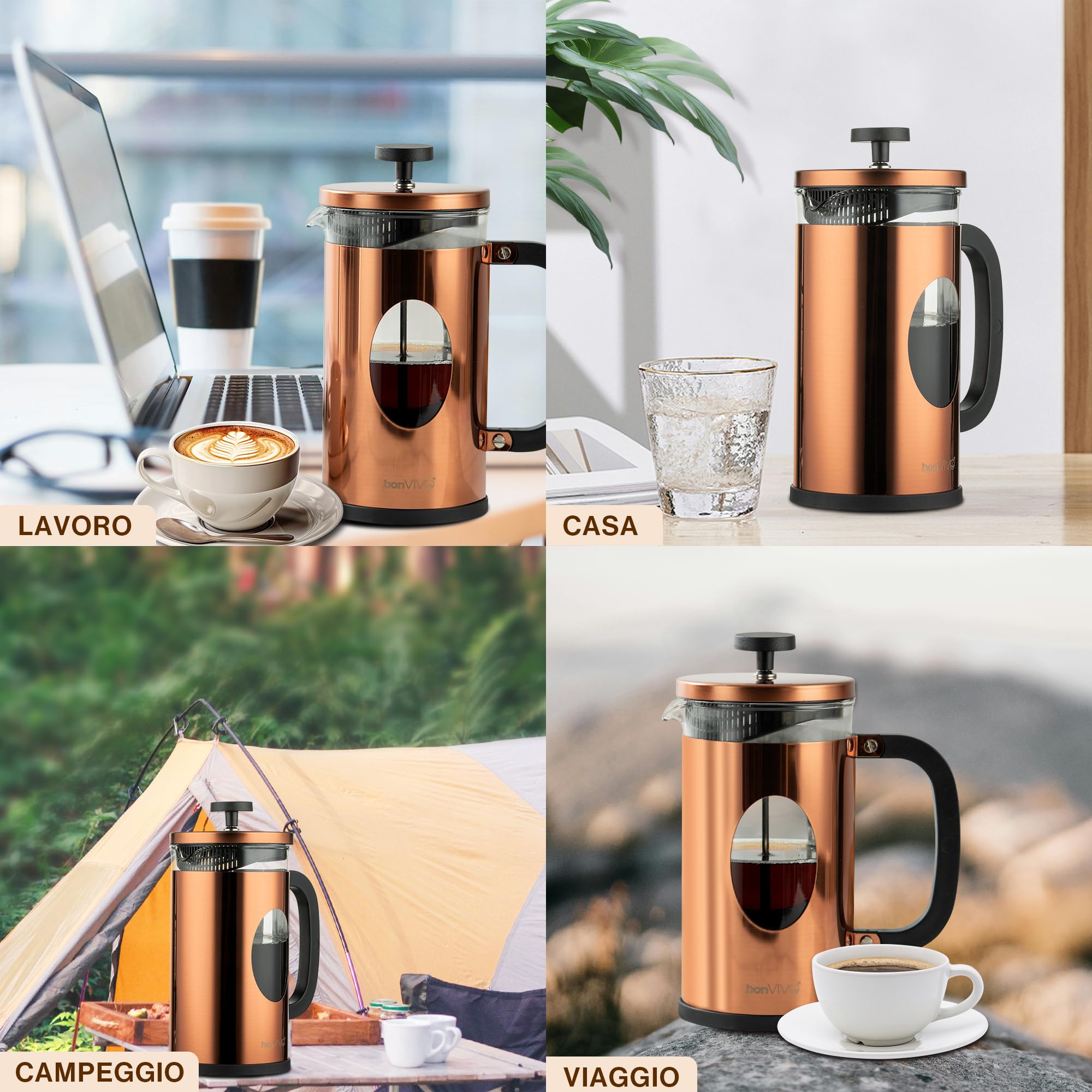 bonVIVO French Press Caffettiera Stantuffo Rame 8 Tazze Vetro
