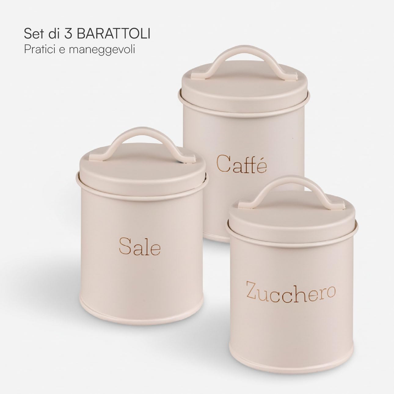 Baroni Home Set 3 Barattoli Cucina Metallo Beige 8x8x9 cm