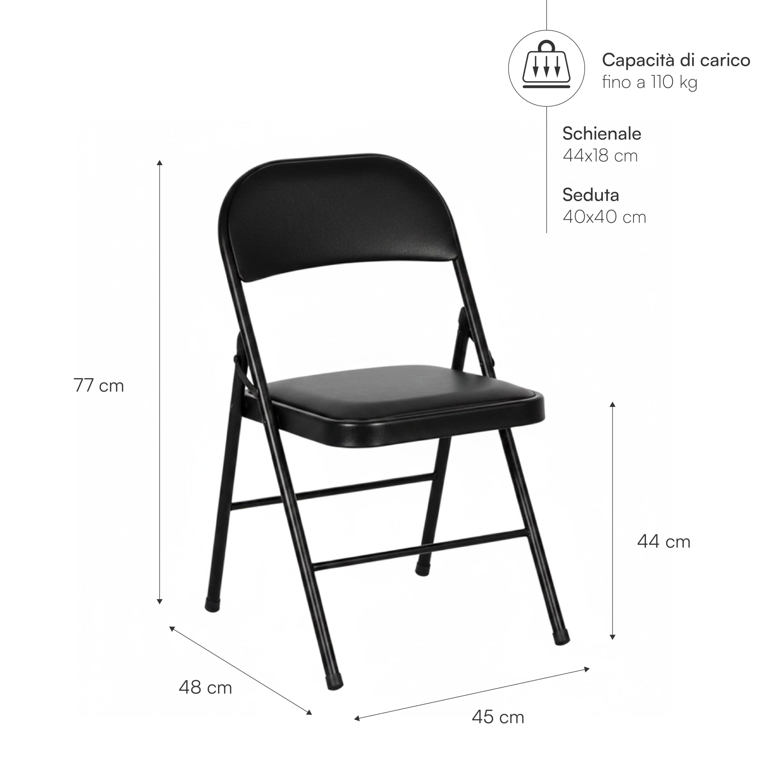 Baroni Home Sedia Pieghevole Nera Imbottita 45x48x77 cm 1 Pezzo