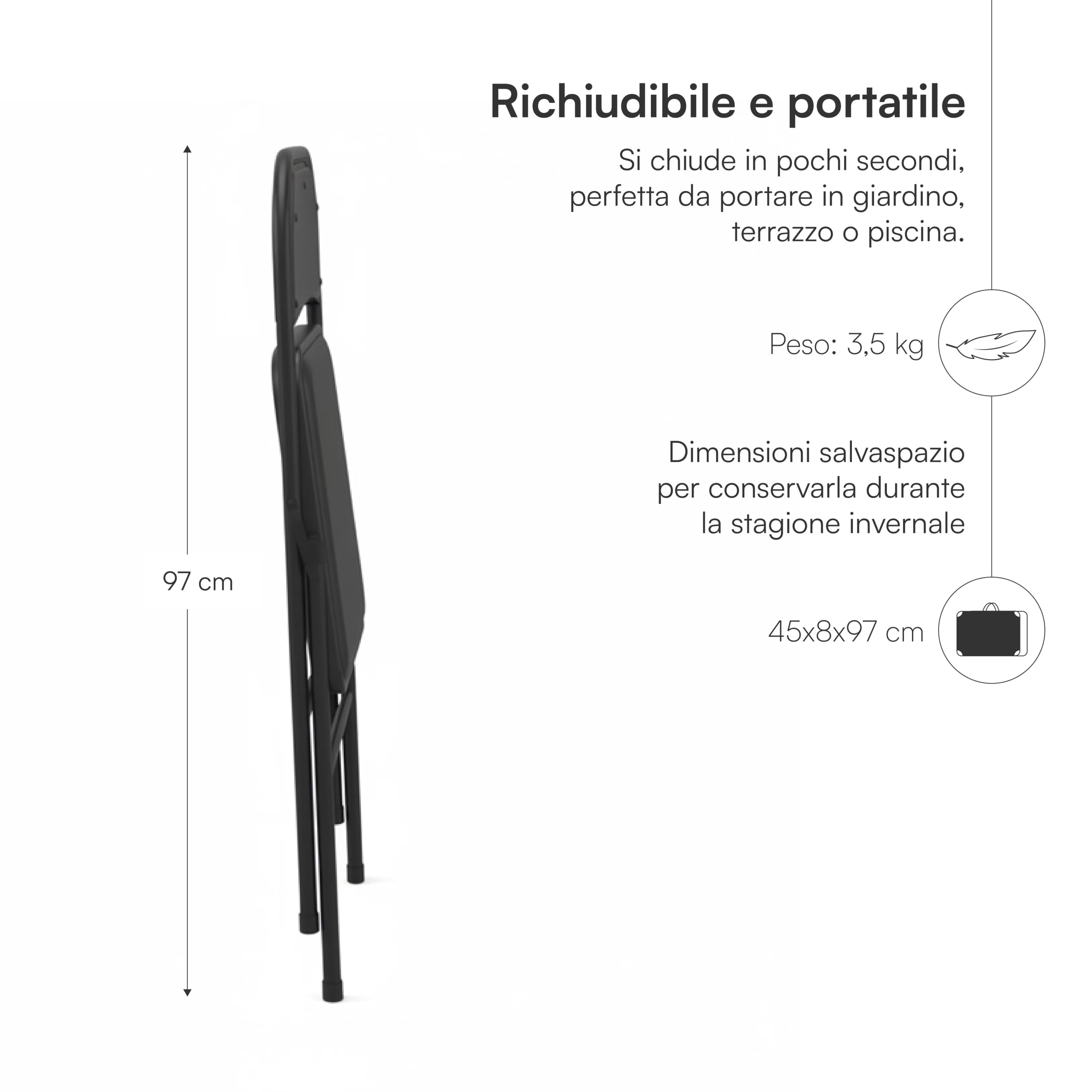 Baroni Home Sedia Pieghevole Nera Imbottita 45x48x77 cm 1 Pezzo
