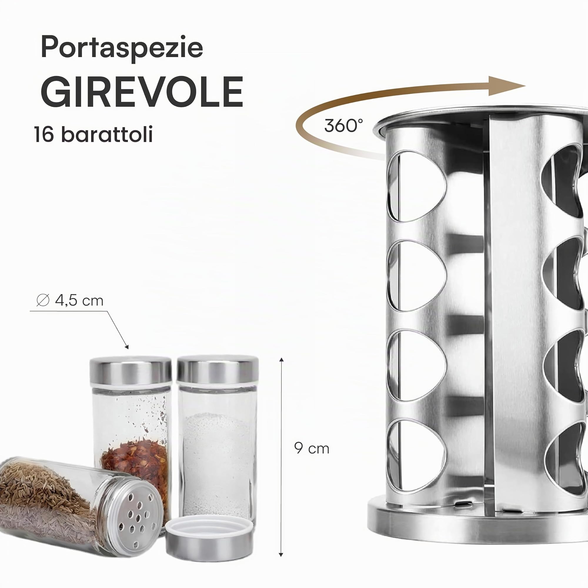 Baroni Home Portaspezie Girevole 360° 16 Barattoli Vetro Acciaio