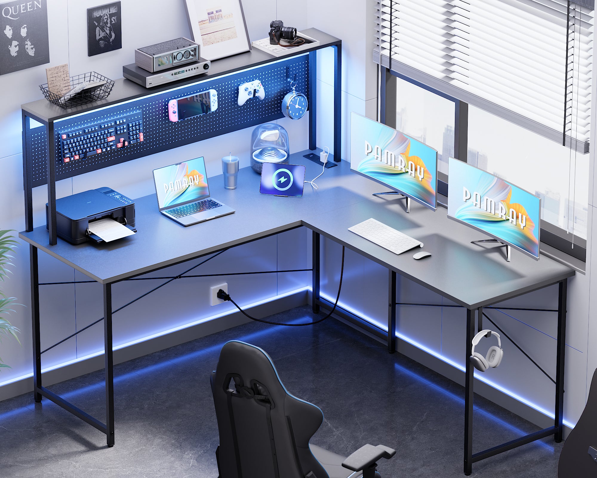 Pamray 60 Pollici Scrivania Angolare Gaming con LED Marrone