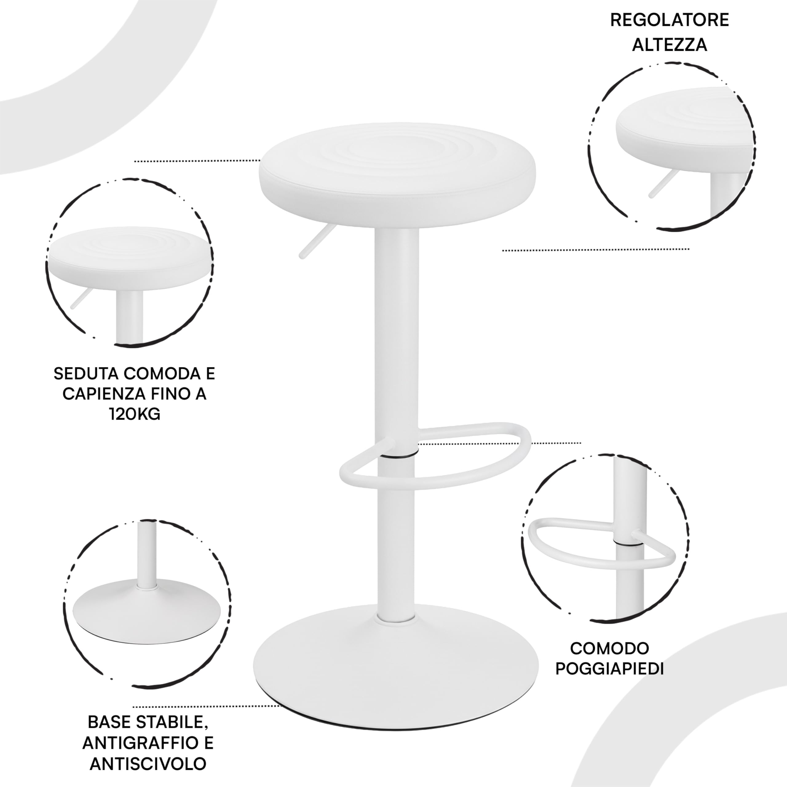 Baroni Home Sgabello Girevole Bianco 1 Pezzo Regolabile Ecopelle