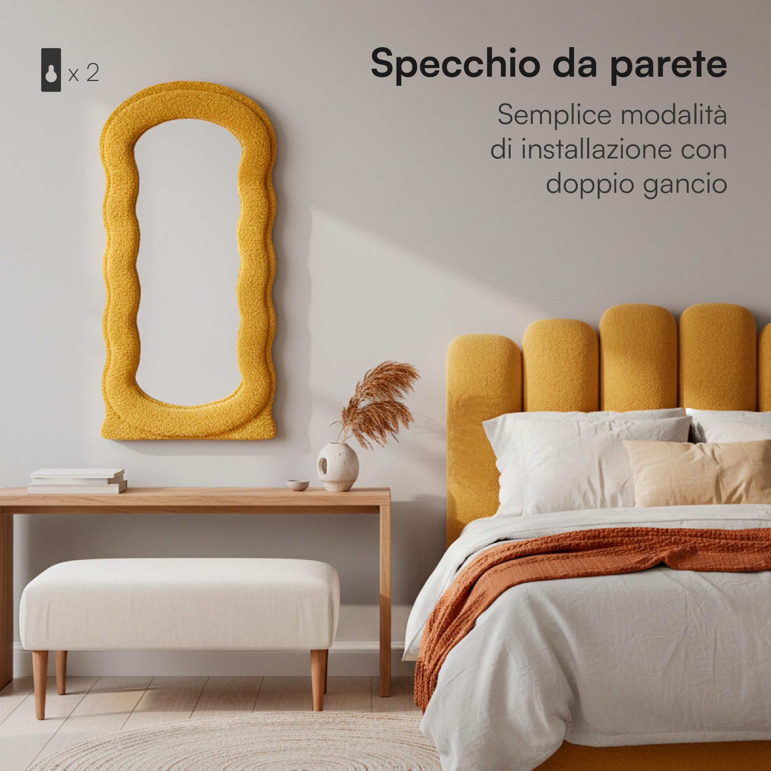 Baroni Home specchio parete bouclé giallo 80x40 cm mezza persona