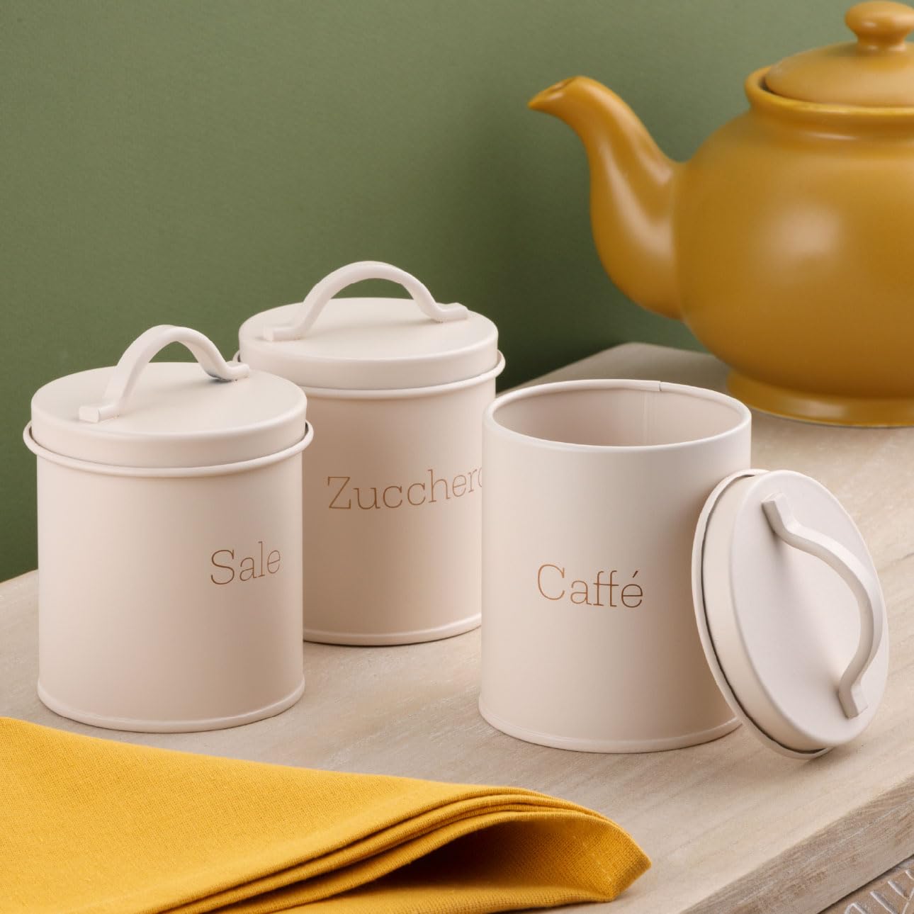 Baroni Home Set 3 Barattoli Cucina Metallo Beige 8x8x9 cm