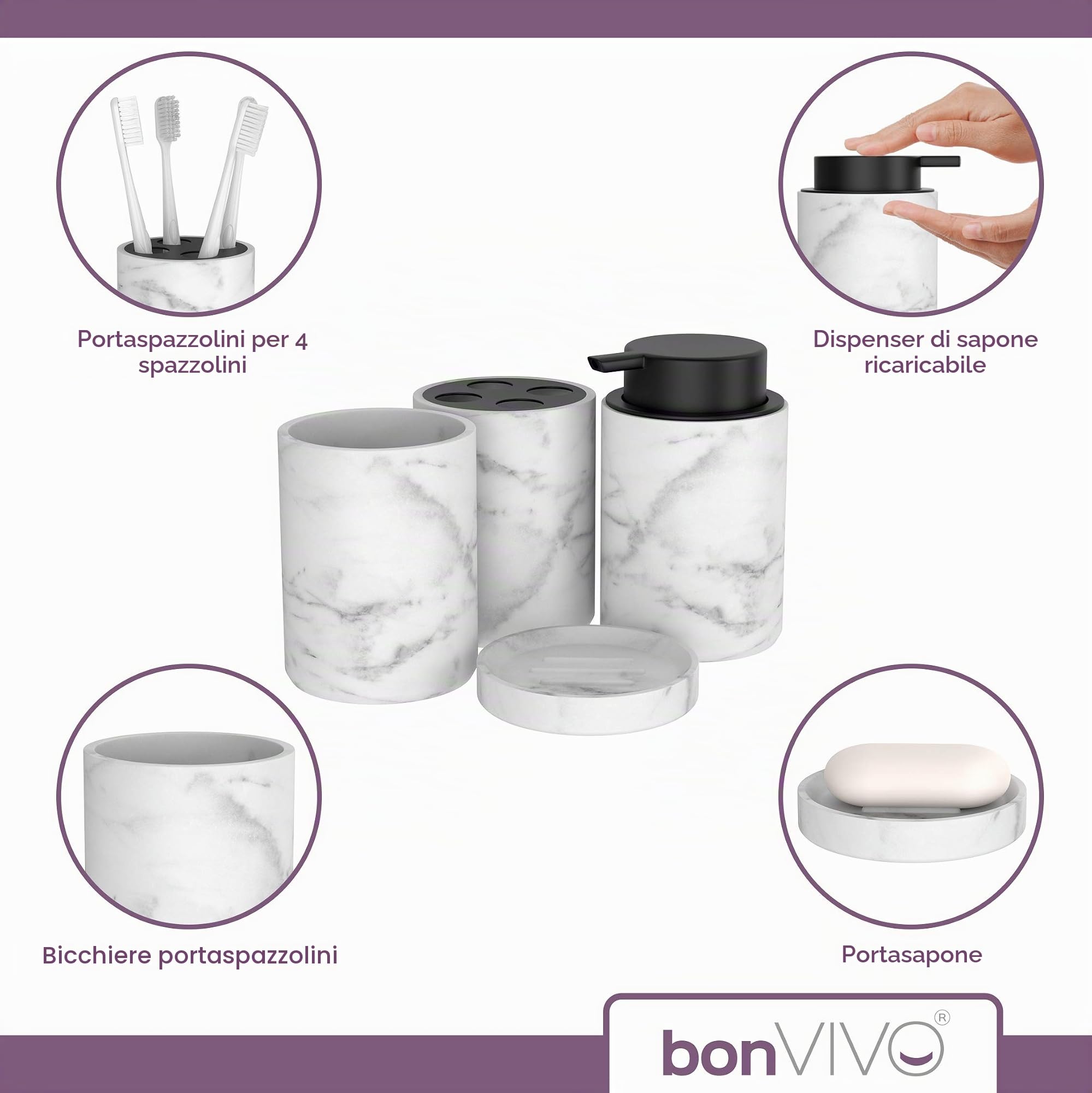 bonVIVO Marmora set accessori bagno 4 pezzi nero effetto marmo