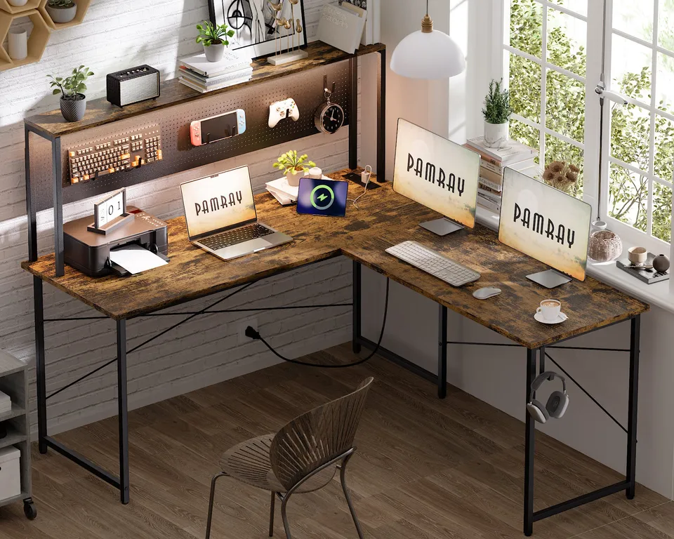 Pamray 60 Pollici Scrivania Angolare Gaming con LED Marrone