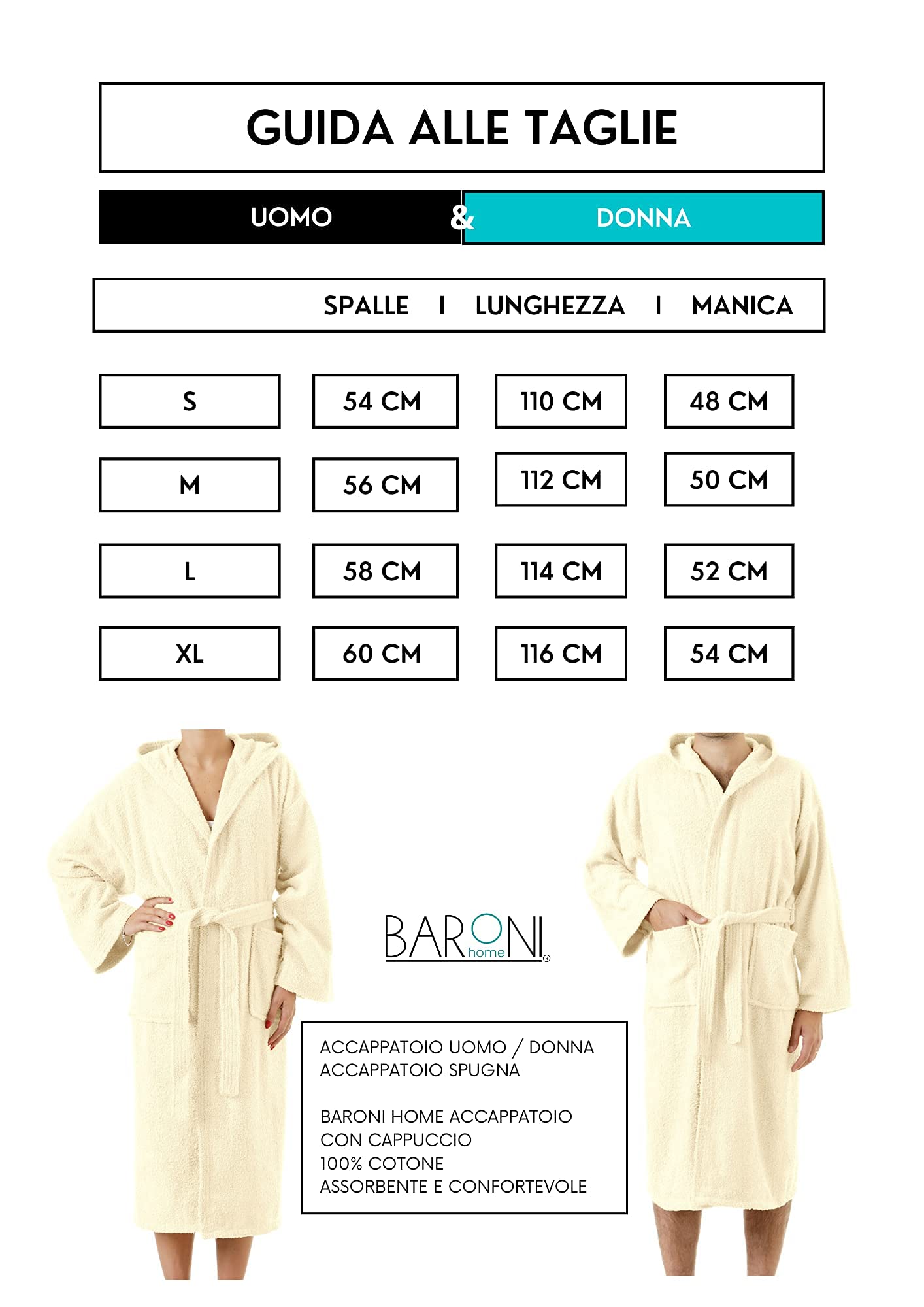Baroni Home Accappatoio Spugna Cappuccio XL Crema 100% Cotone
