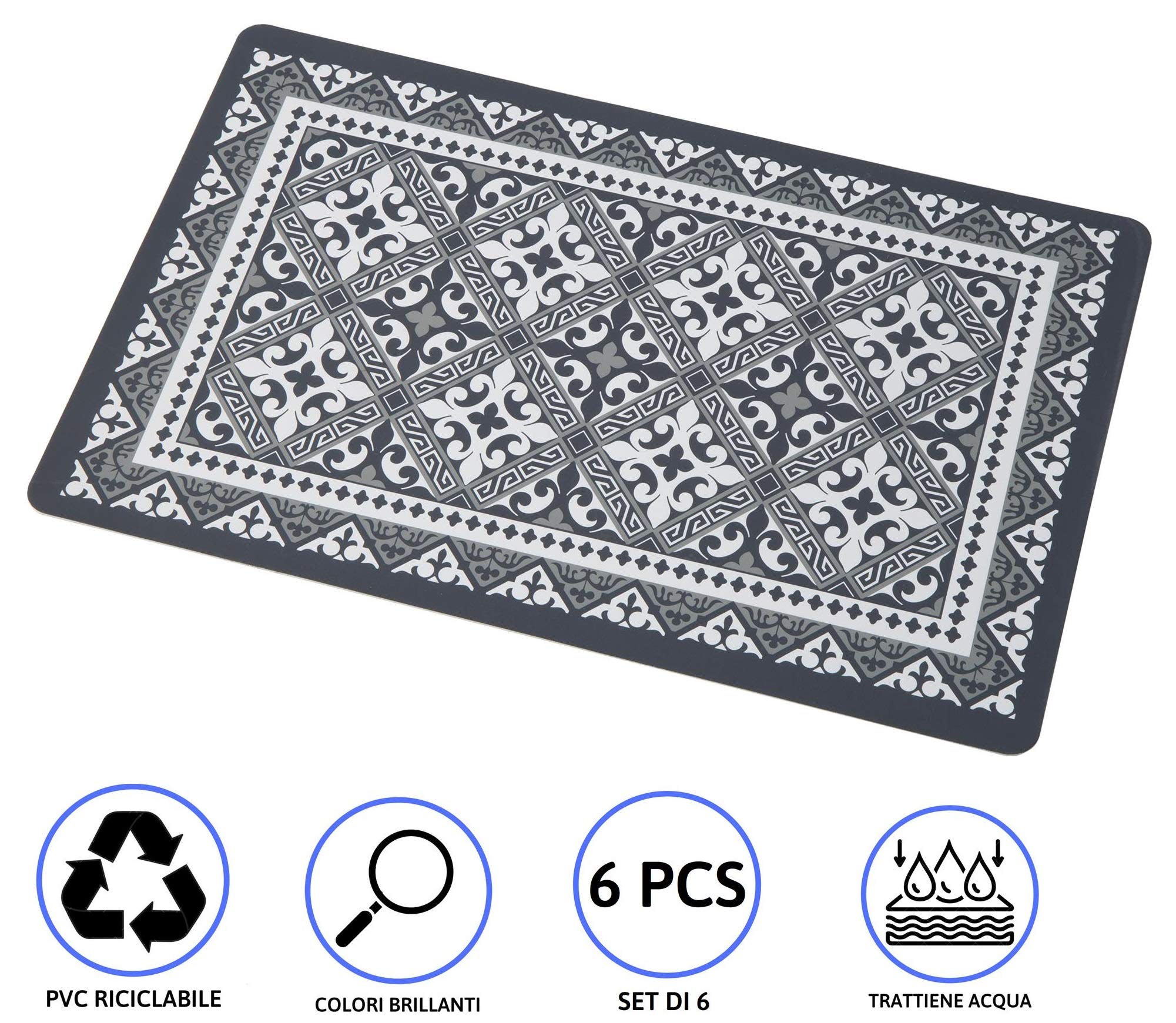 Baroni Home Arabesque Tovaglietta Americana Grigio Set 6 Pezzi