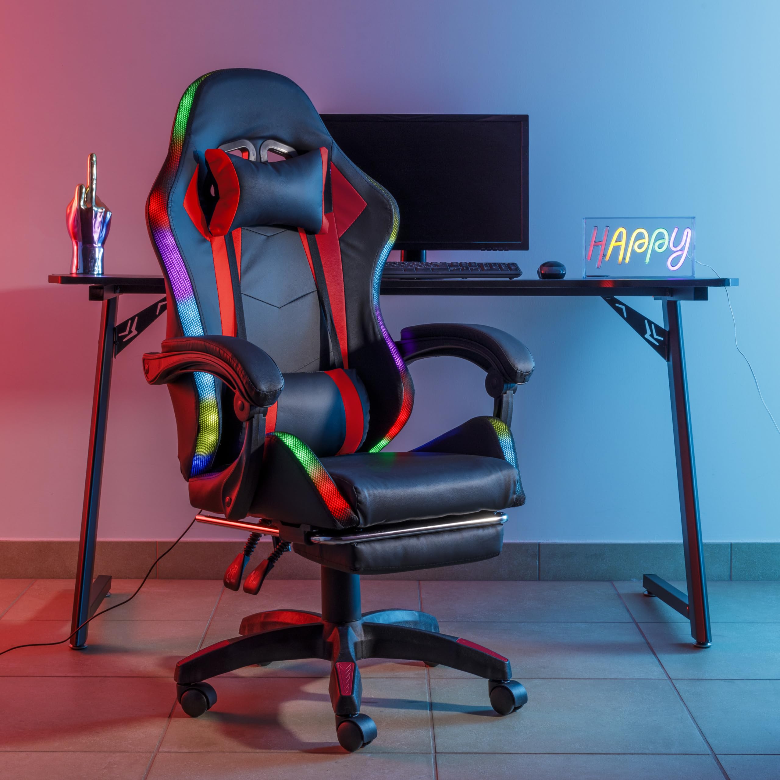 Baroni Home sedia gaming rossa con LED e poggiapiedi