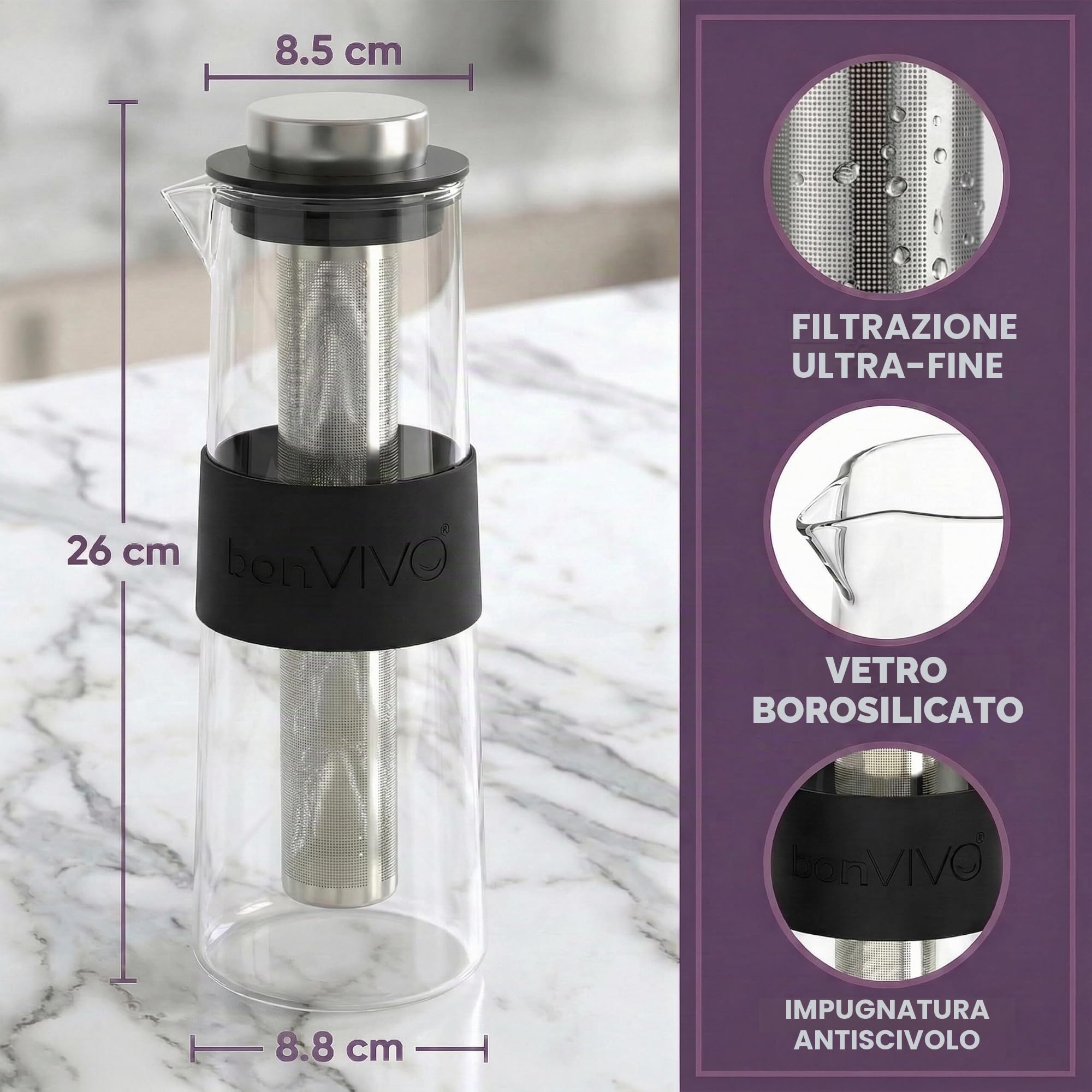 bonVIVO Cold Brew Caraffa Vetro 1L con Filtro Acciaio