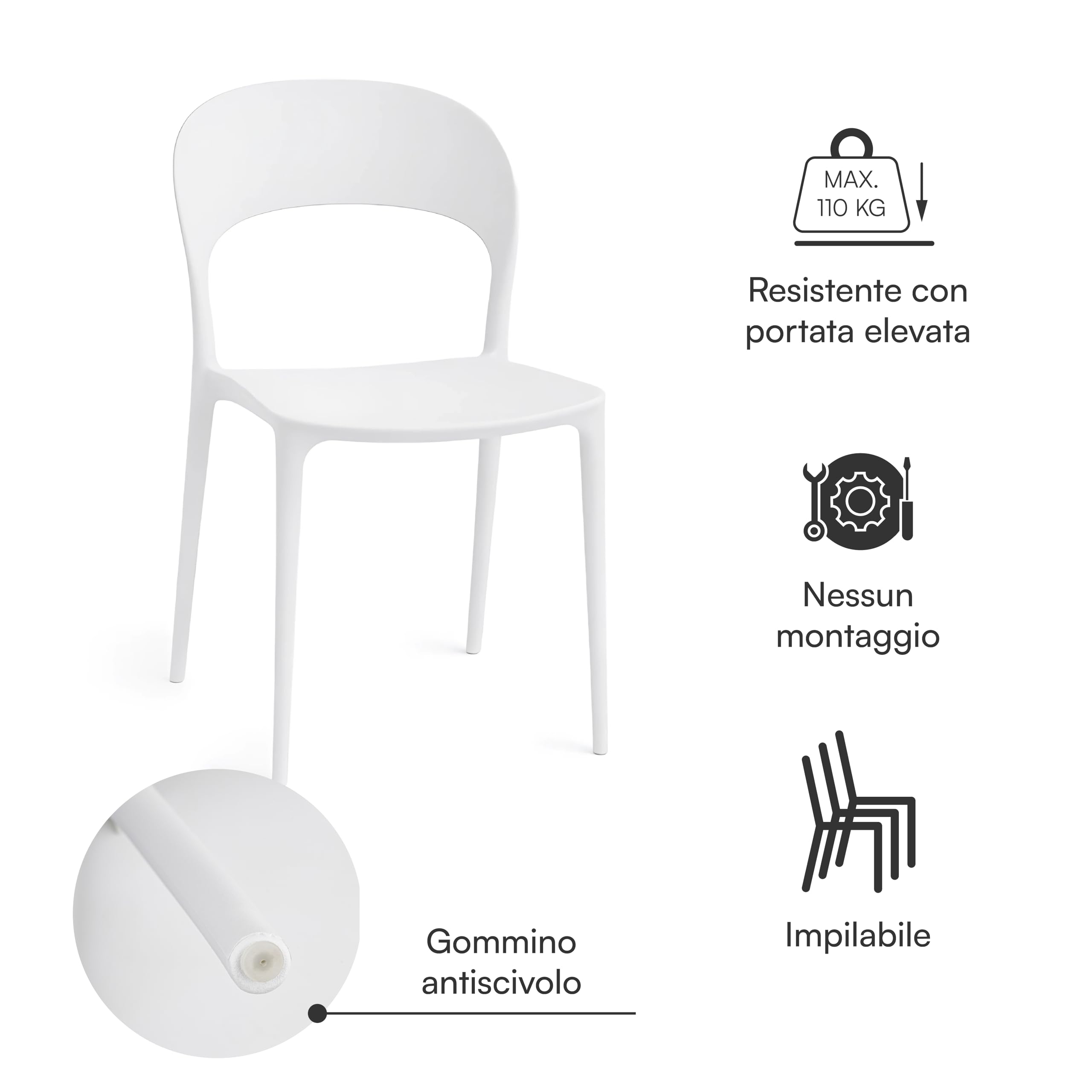 Baroni Home set 4 sedie plastica bianche 77 cm impilabili
