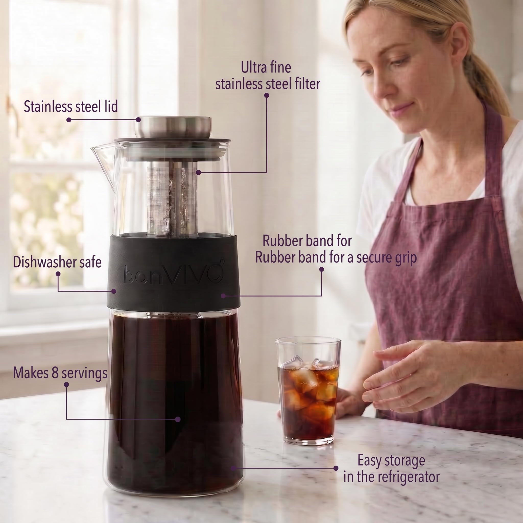 bonVIVO Cold Brew Caraffa Vetro 1L con Filtro Acciaio