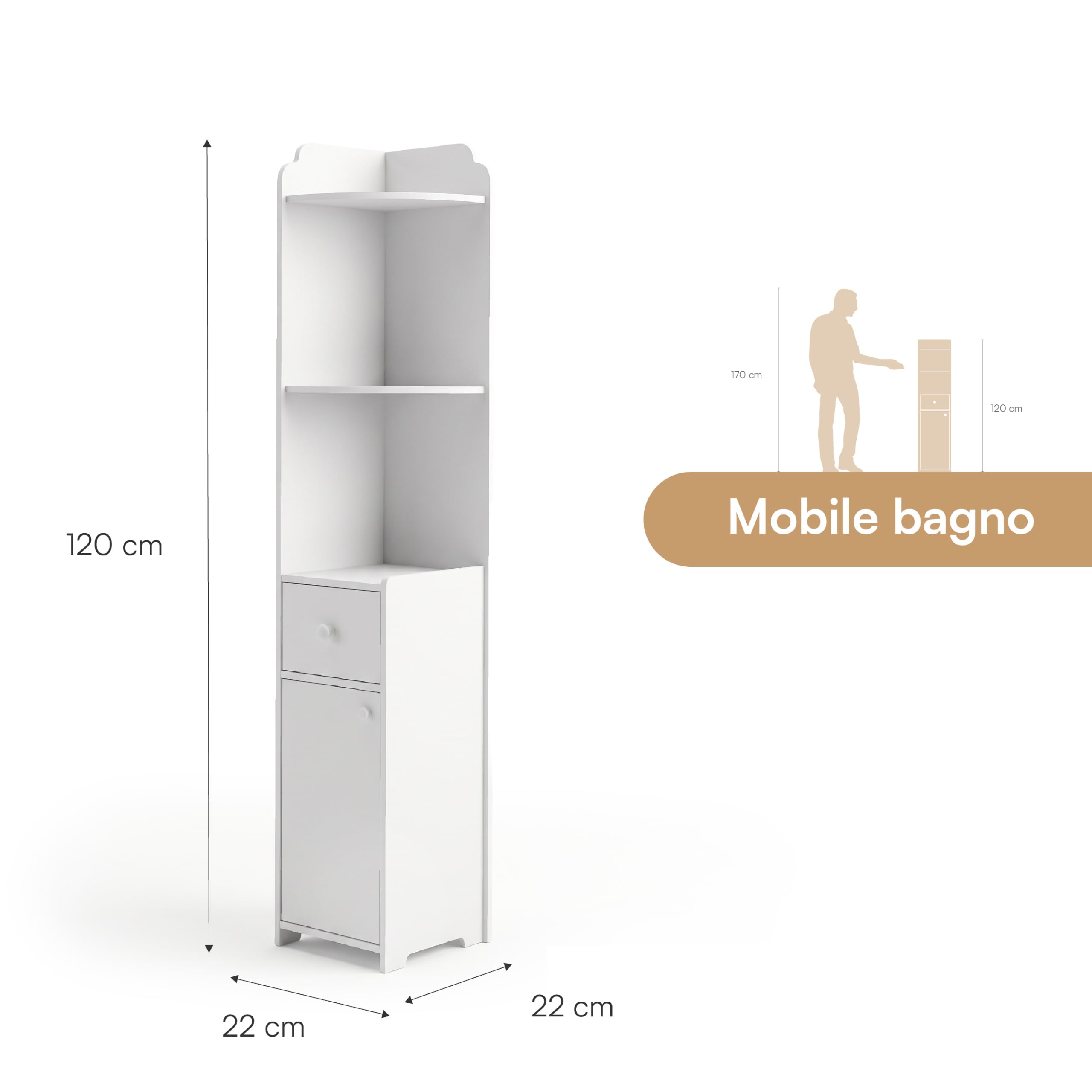 Baroni Home Colonna Angolare Bagno 1 Anta 1 Cassetto 22x22x120 cm