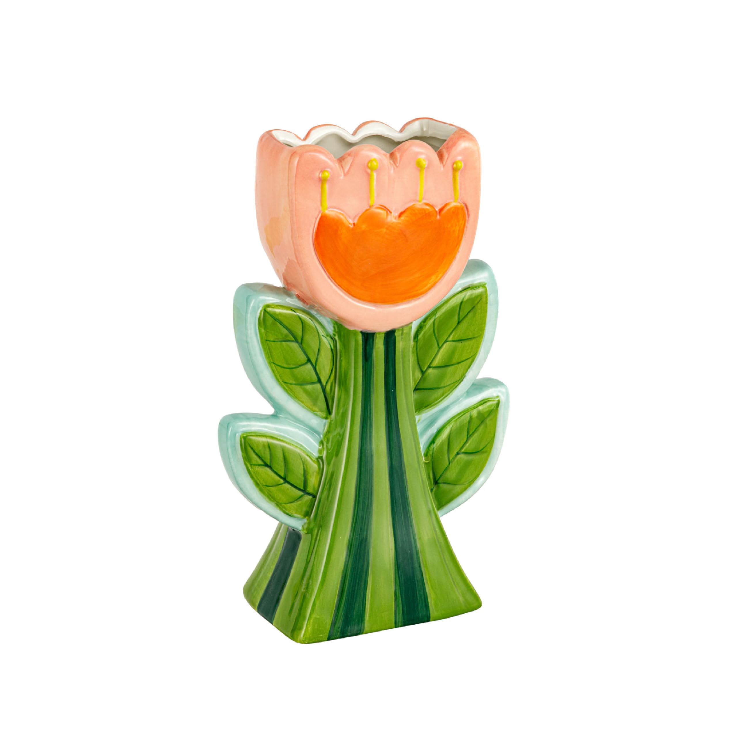 Baroni Home Vaso Ceramica Verde Fiore Arancione 12x6x18,5 cm