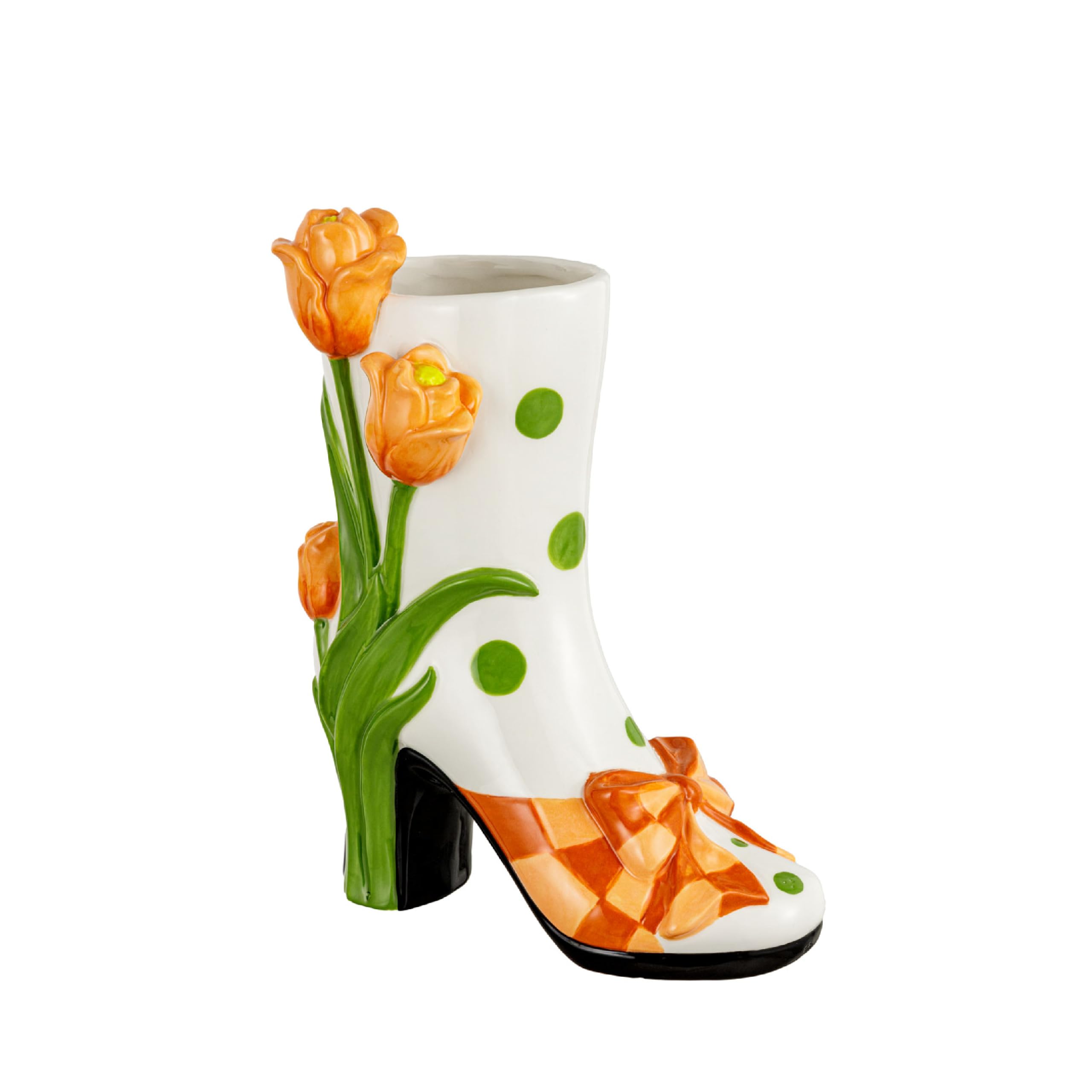 Baroni Home Vaso Ceramica Verde Fiore Arancione 12x6x18,5 cm