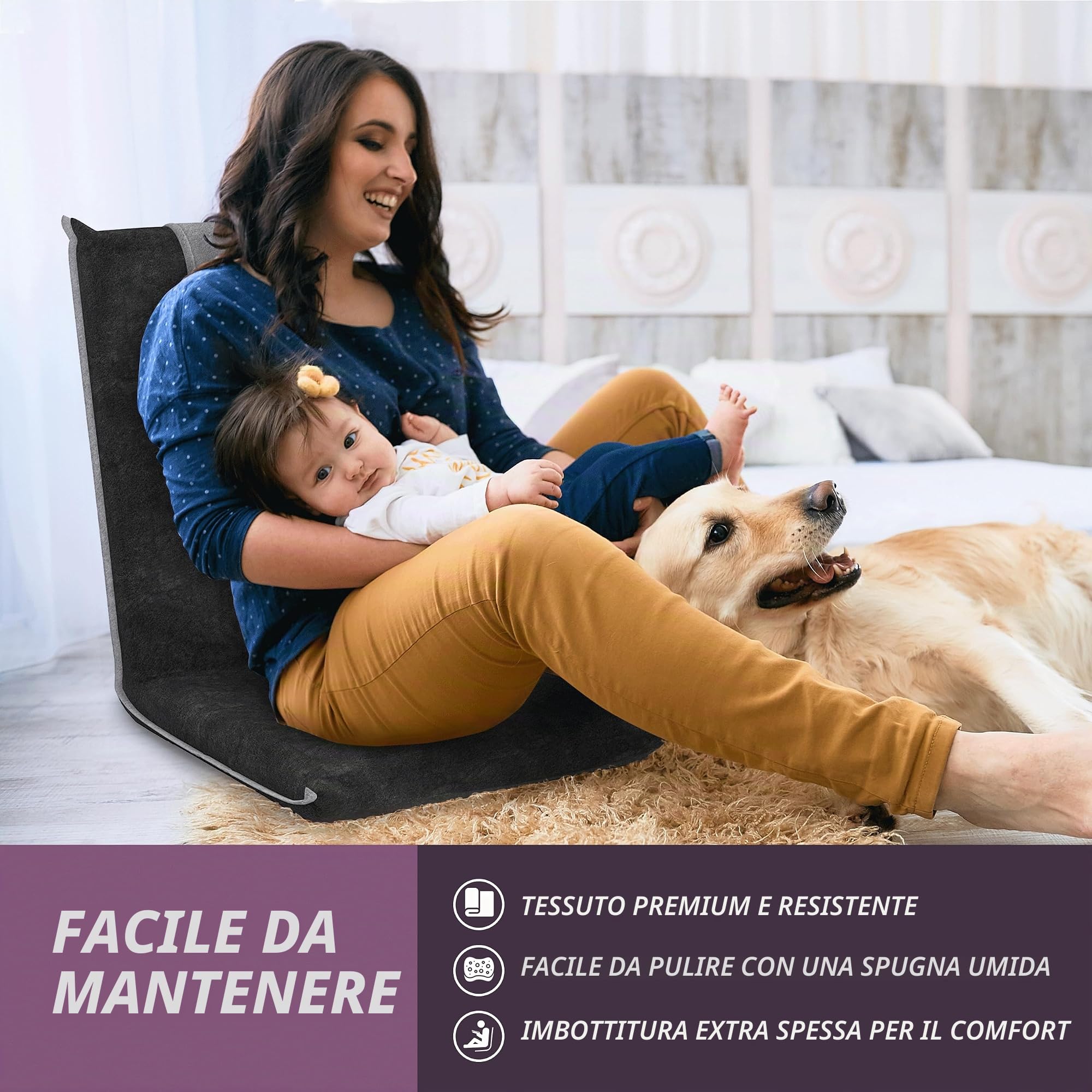 bonVIVO Easy III sedia pavimento pieghevole blu schienale reclinabile