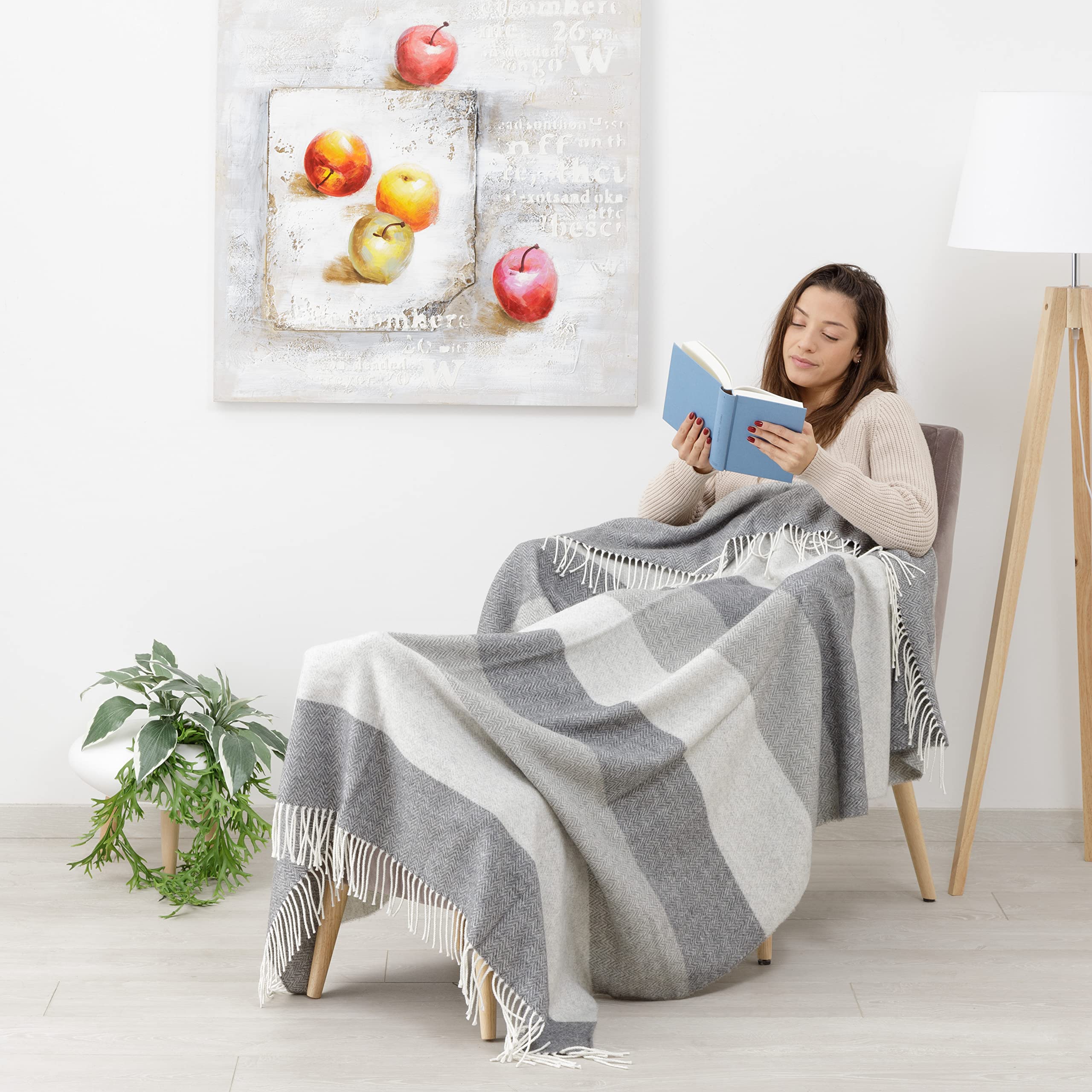 Baroni Home Plaid Misto Lana Grigio a Righe 130x170 cm