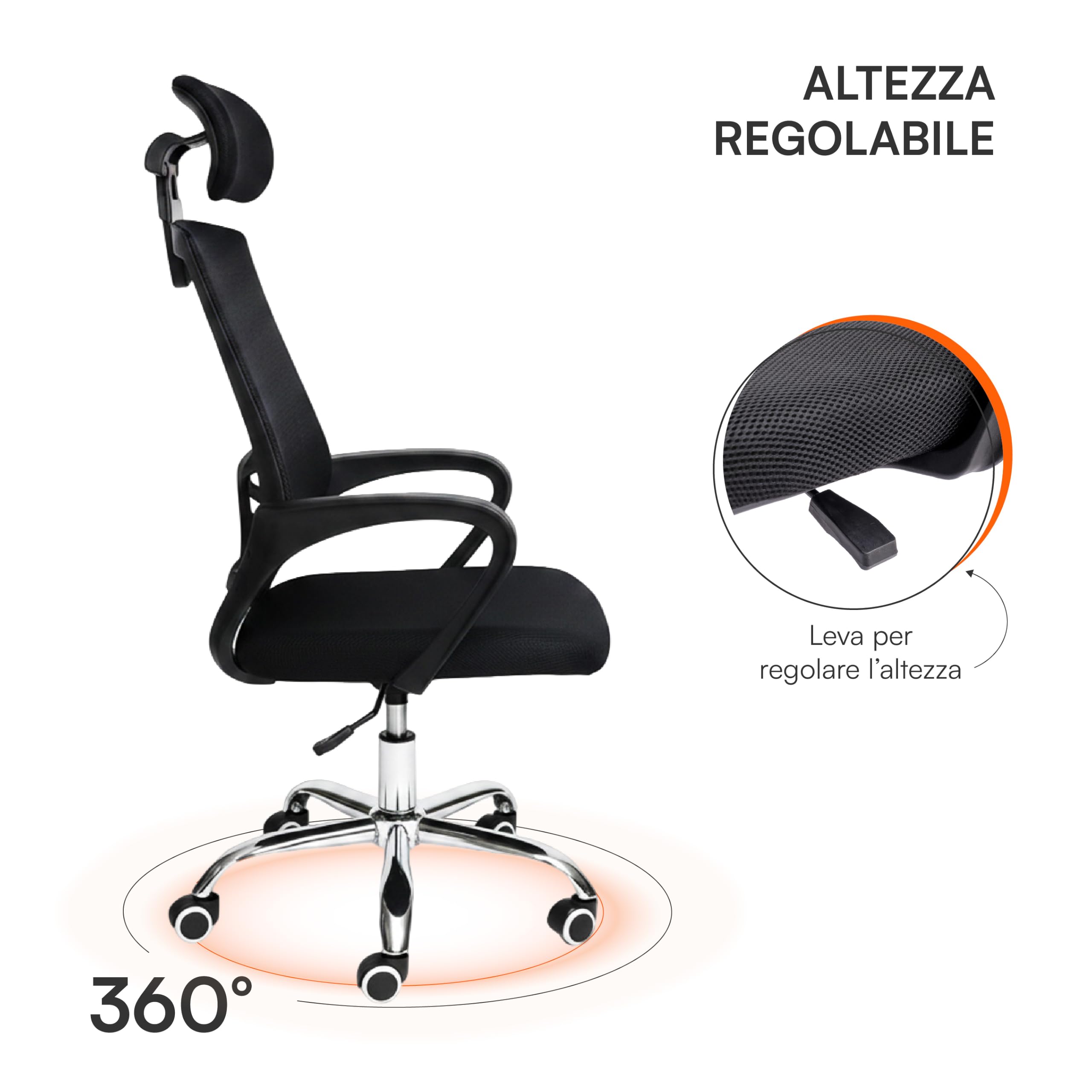 Baroni Home Sedia Ufficio Ergonomica Nera Braccioli Pieghevoli