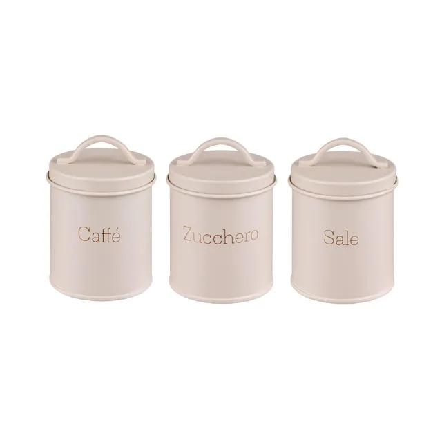 Baroni Home Set 3 Barattoli Cucina Metallo Beige 8x8x9 cm
