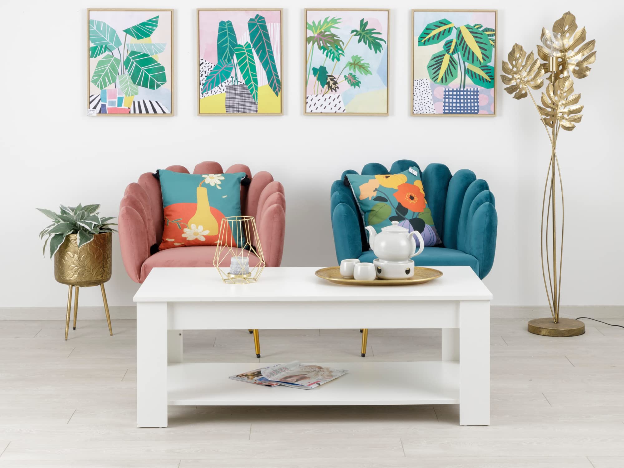 Baroni Home Tavolino Salotto Bianco 120x60x45 con Ripiano